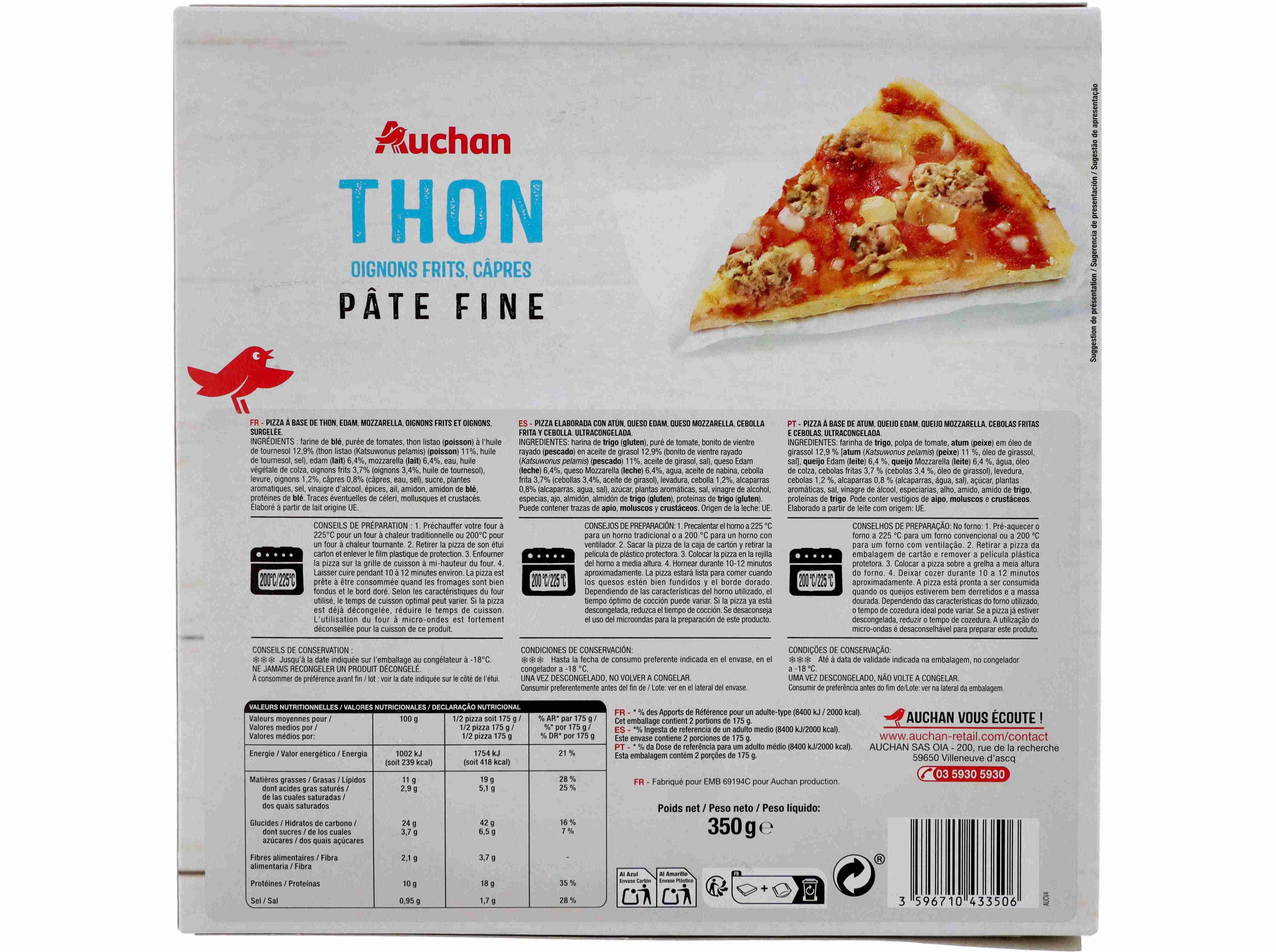 PIZZA AUCHAN MASSA FINA ATUM 350G image number 1