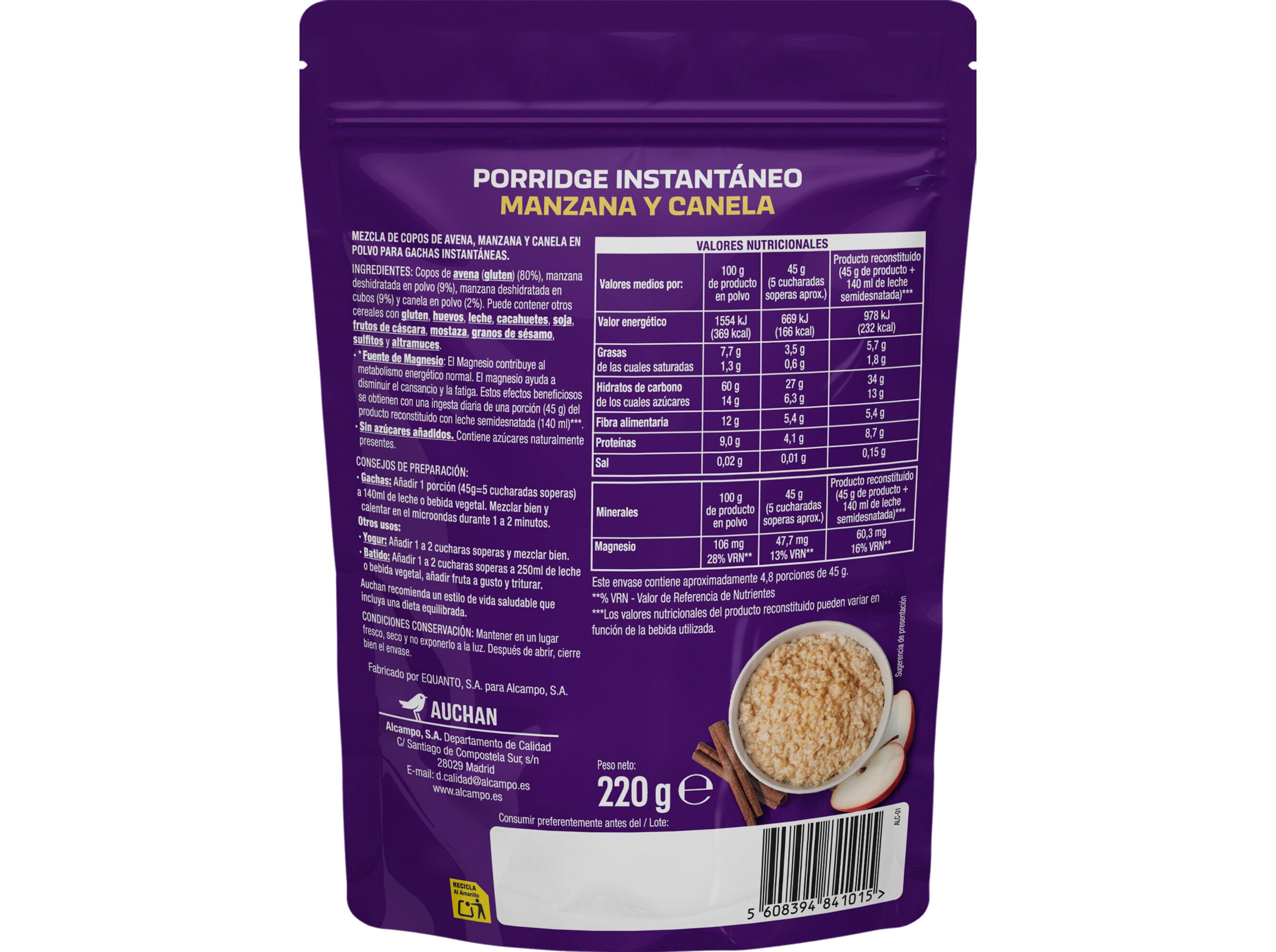 AVEIA AUCHAN EAT'N MOVE ENERGY MA&Ccedil;&Atilde; CANELA EM P&Oacute; 220G image number 2