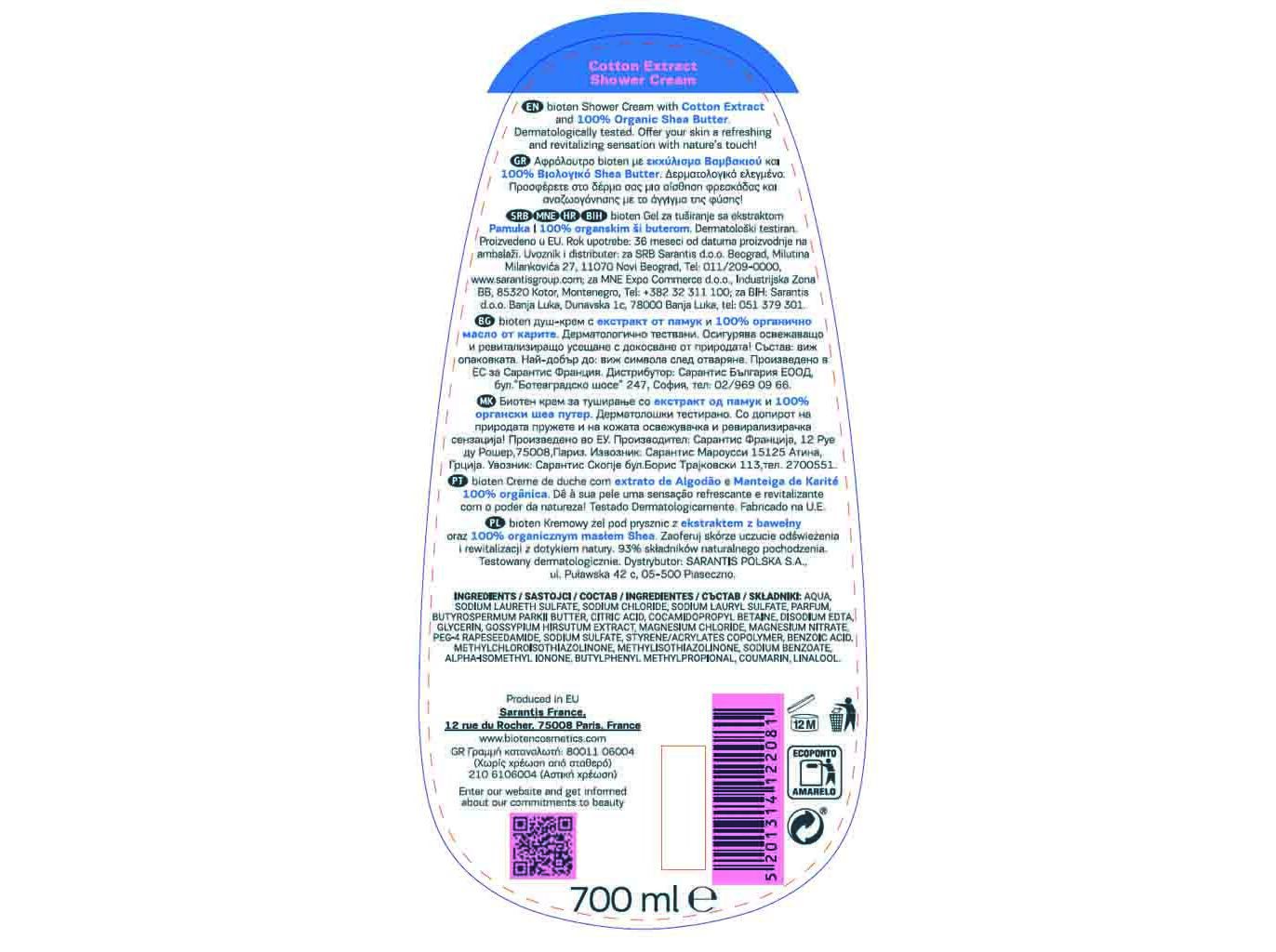 GEL BIOTEN DE BANHO FRESCURA ALGOD&Atilde;O 700ML image number 1