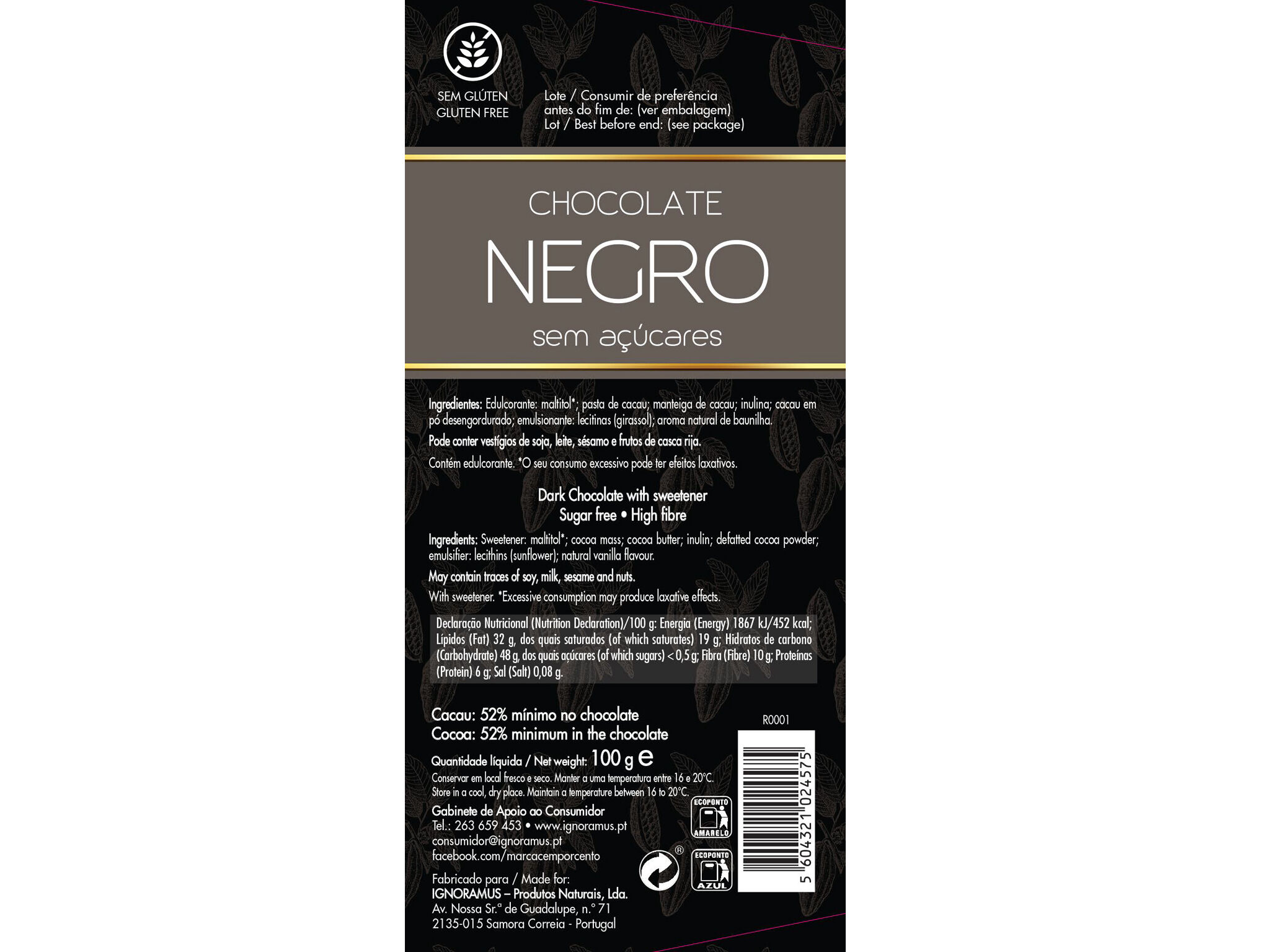 CHOCOLATE CEM PORCENTO NEGRO SEM A&Ccedil;&Uacute;CAR 100G image number 1