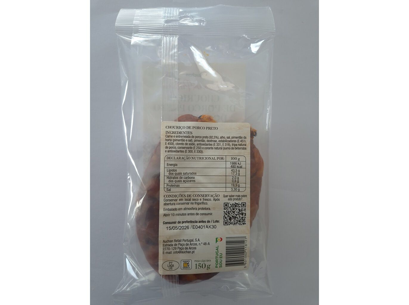 CHOURI&Ccedil;O DE PORCO PRETO AUCHAN &Agrave; MESA EM PORTUGAL CULTIVAMOS O BOM ALENTEJO 150G image number 1