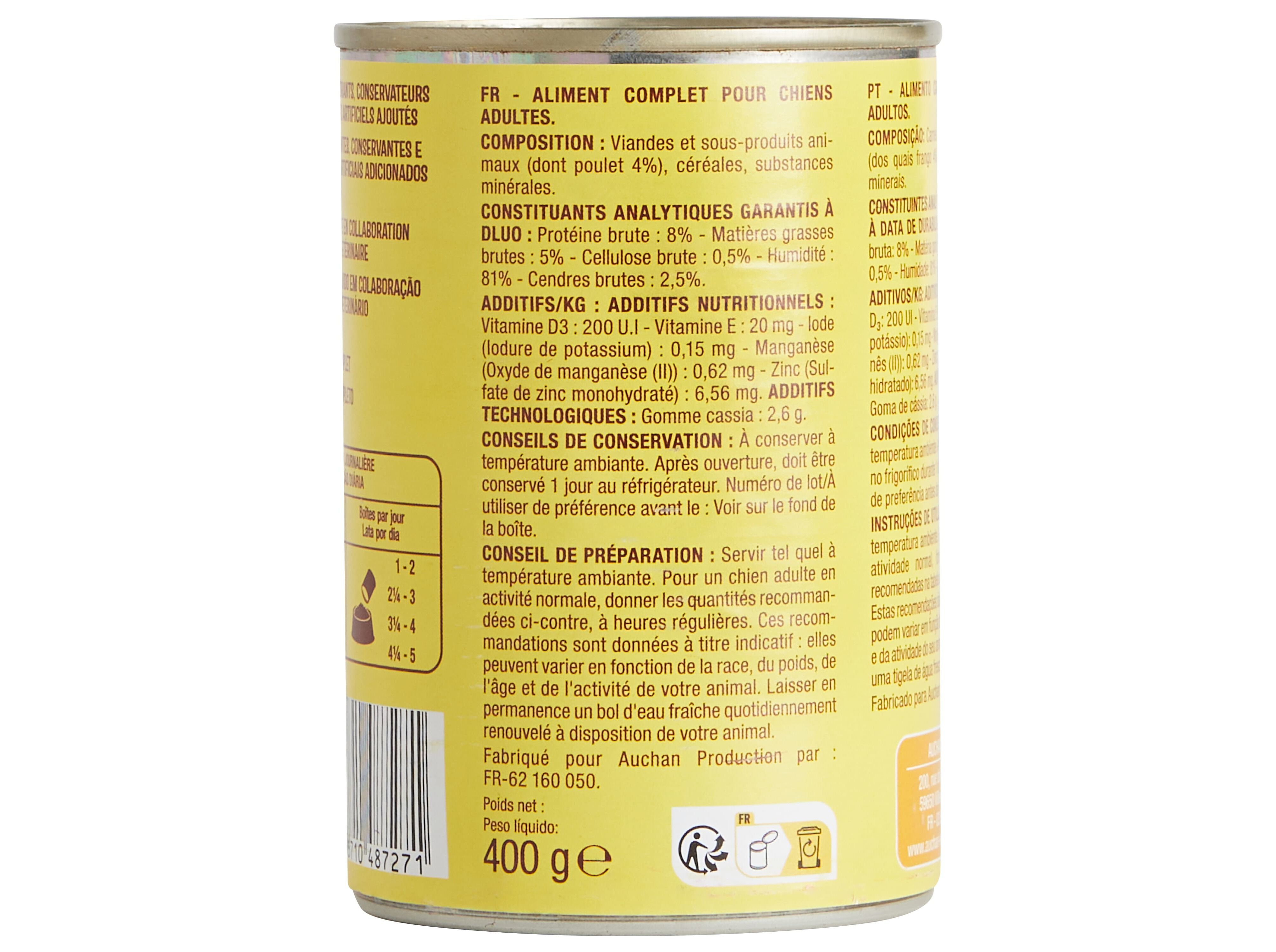 COMIDA H&Uacute;MIDA PARA C&Atilde;O AUCHAN TERRINA FRANGO 400G image number 1