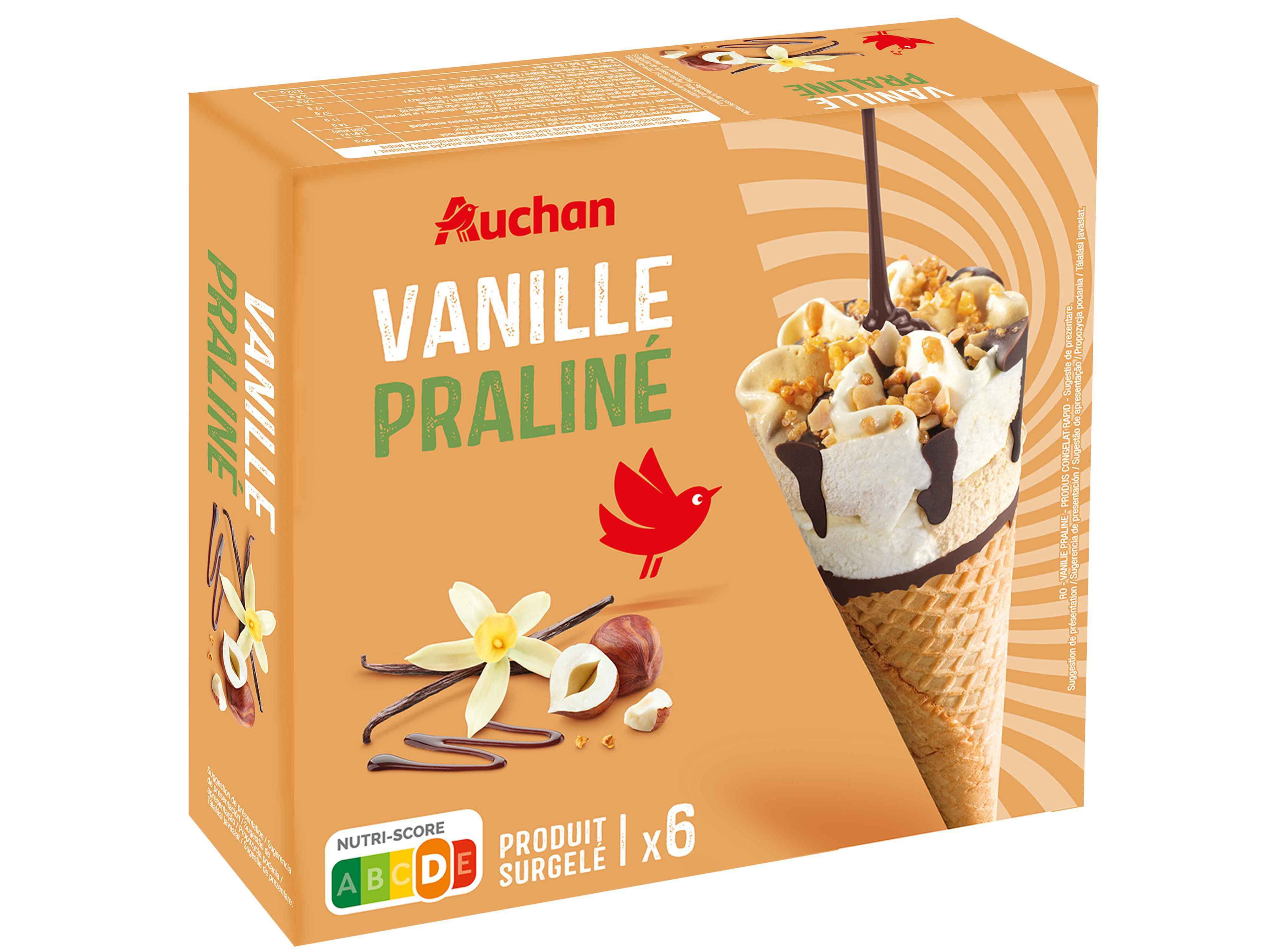 GELADO CONE AUCHAN BAUNILHA PRALIN&Eacute; 6X120ML image number 1