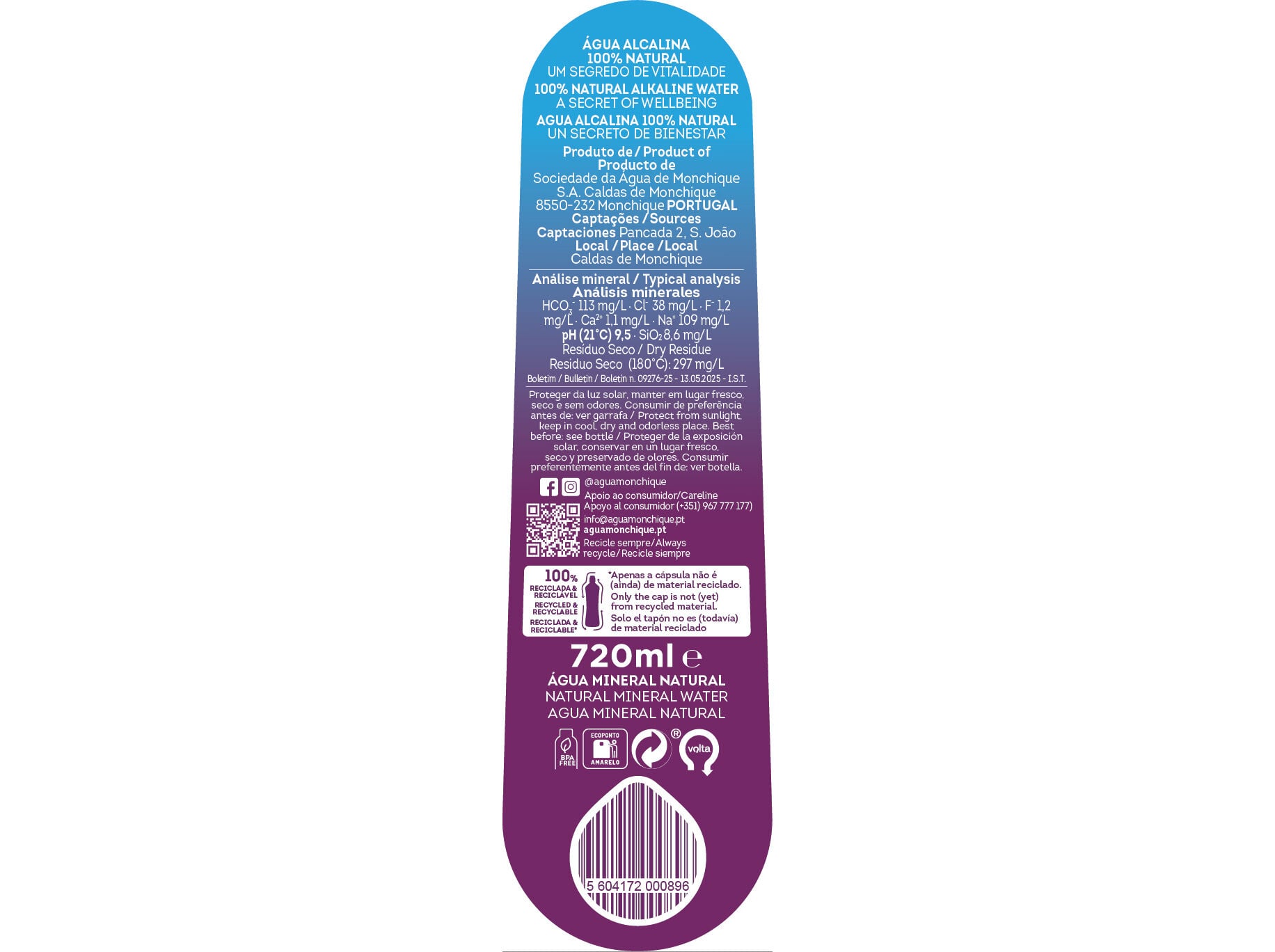 &Aacute;GUA MINERAL NATURAL MONCHIQUE SPORT 100% REC 6X0.72L (SDR) image number 1
