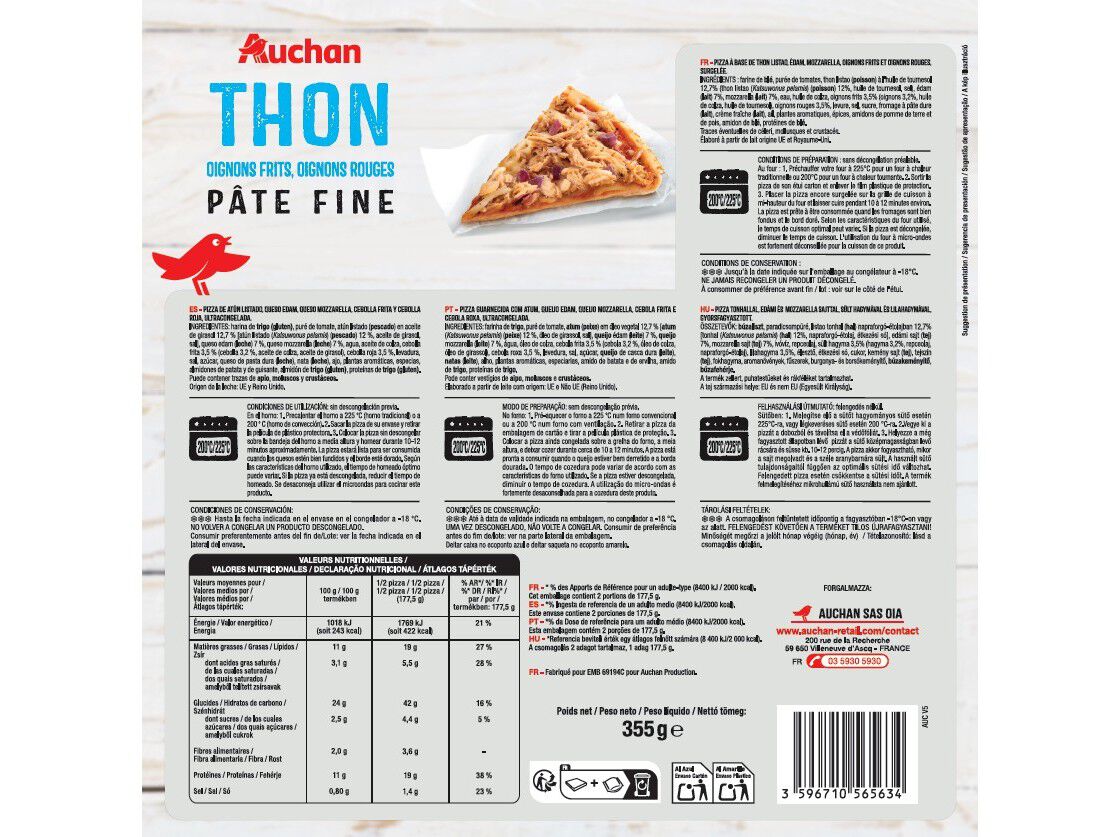 PIZZA AUCHAN MASSA FINA ATUM 355G image number 1