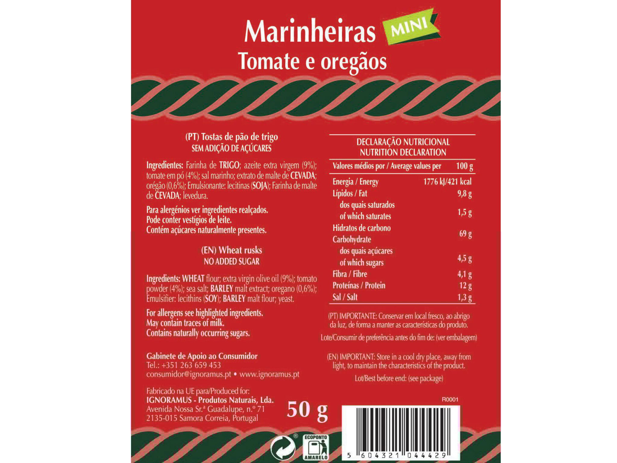 BOLACHAS CEM PORCENTO MINI MARINHEIRAS TOMATE 50G image number 1