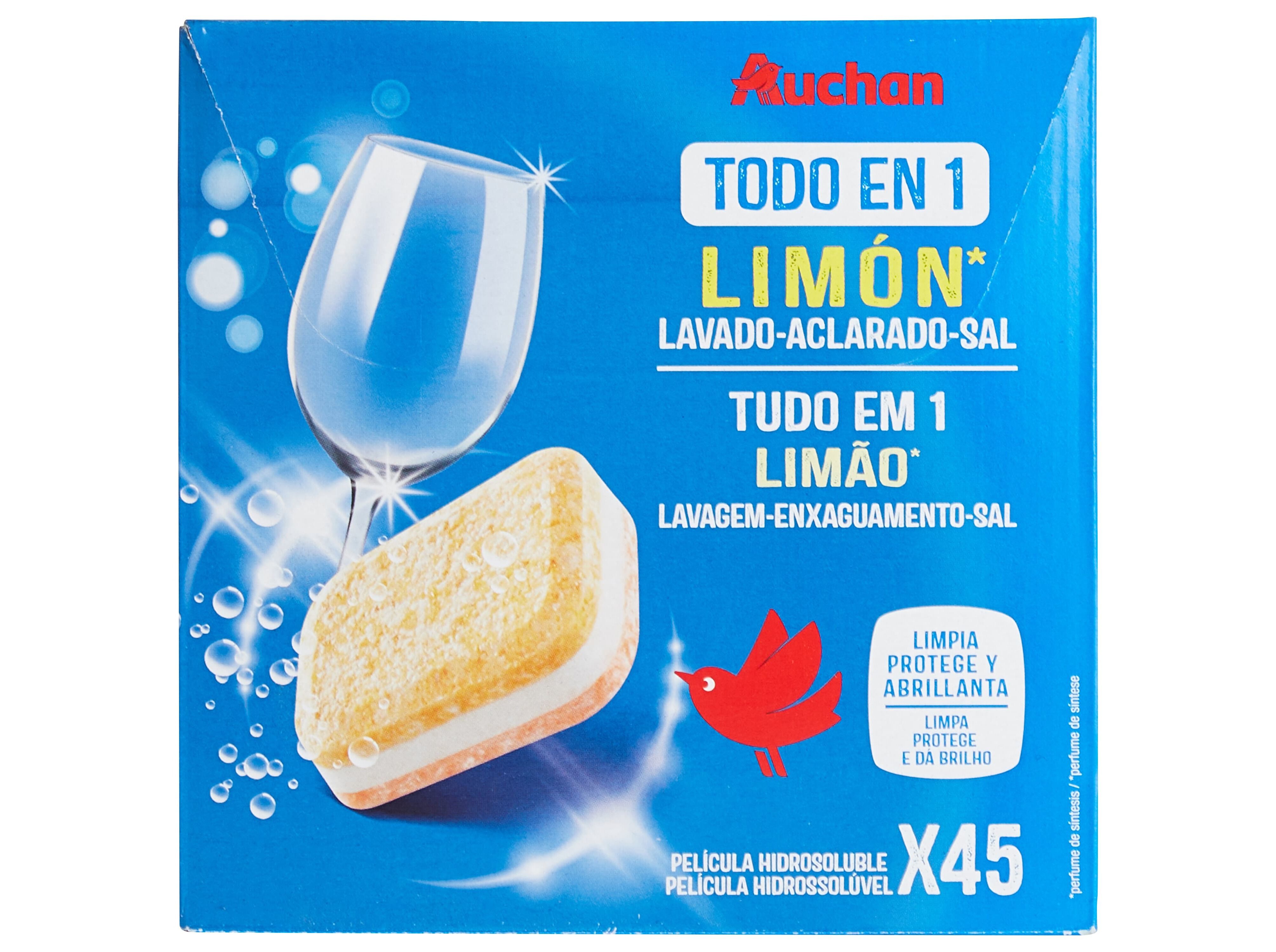 DETERGENTE AUCHAN M&Aacute;QUINA LOI&Ccedil;A PASTILHA TUDO EM 1 LIM&Atilde;O 45UN