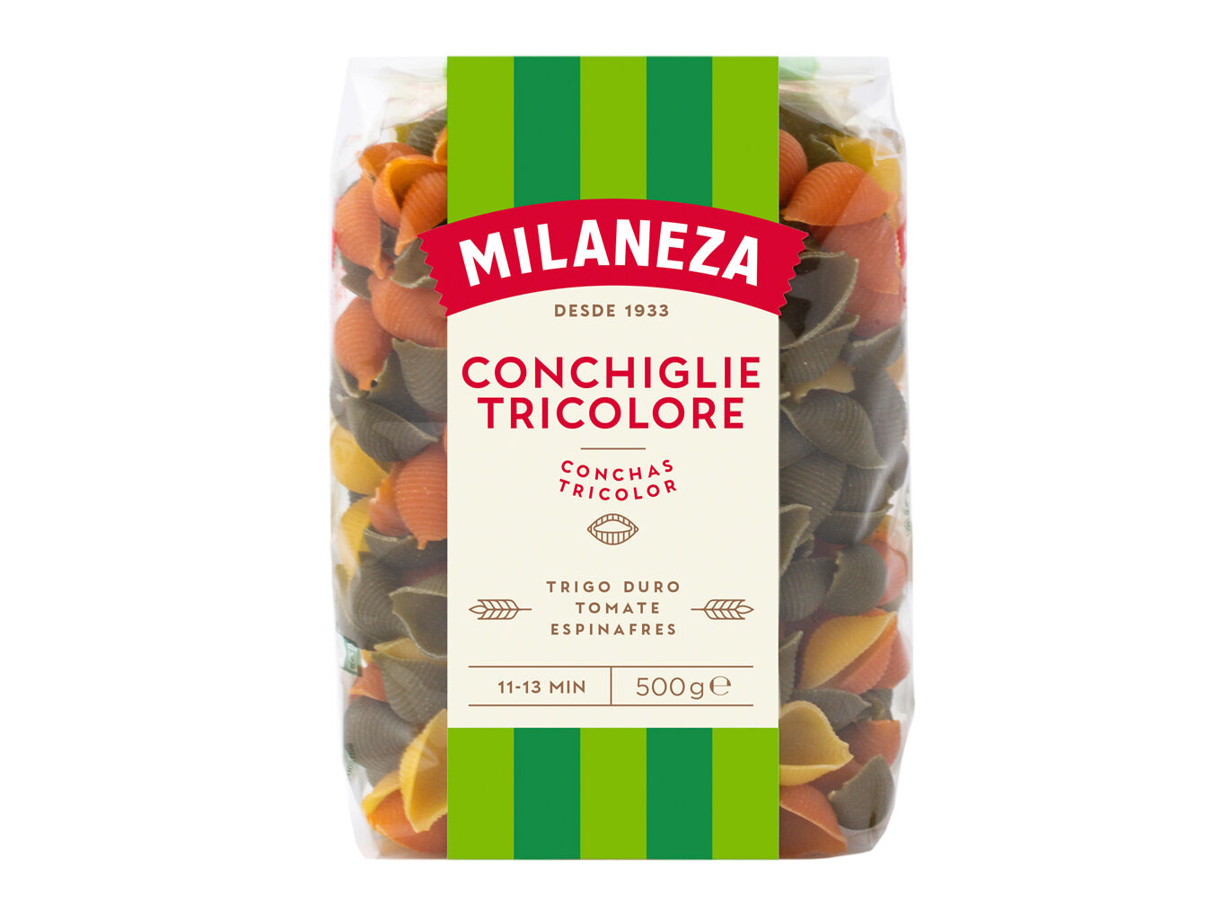 MASSA MILANEZA CONCHAS TRICOLORES 500G