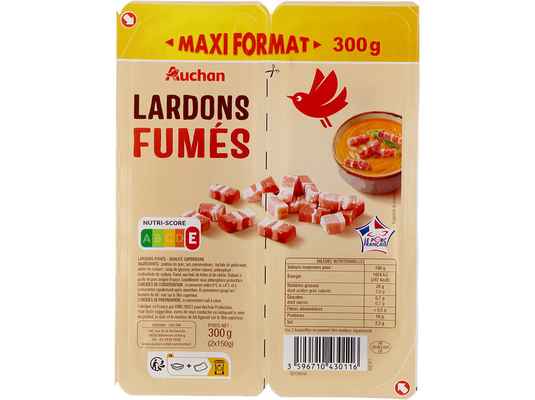 TIRAS DE TOUCINHO FUMADO AUCHAN EXTRA 2X150 G image number 0