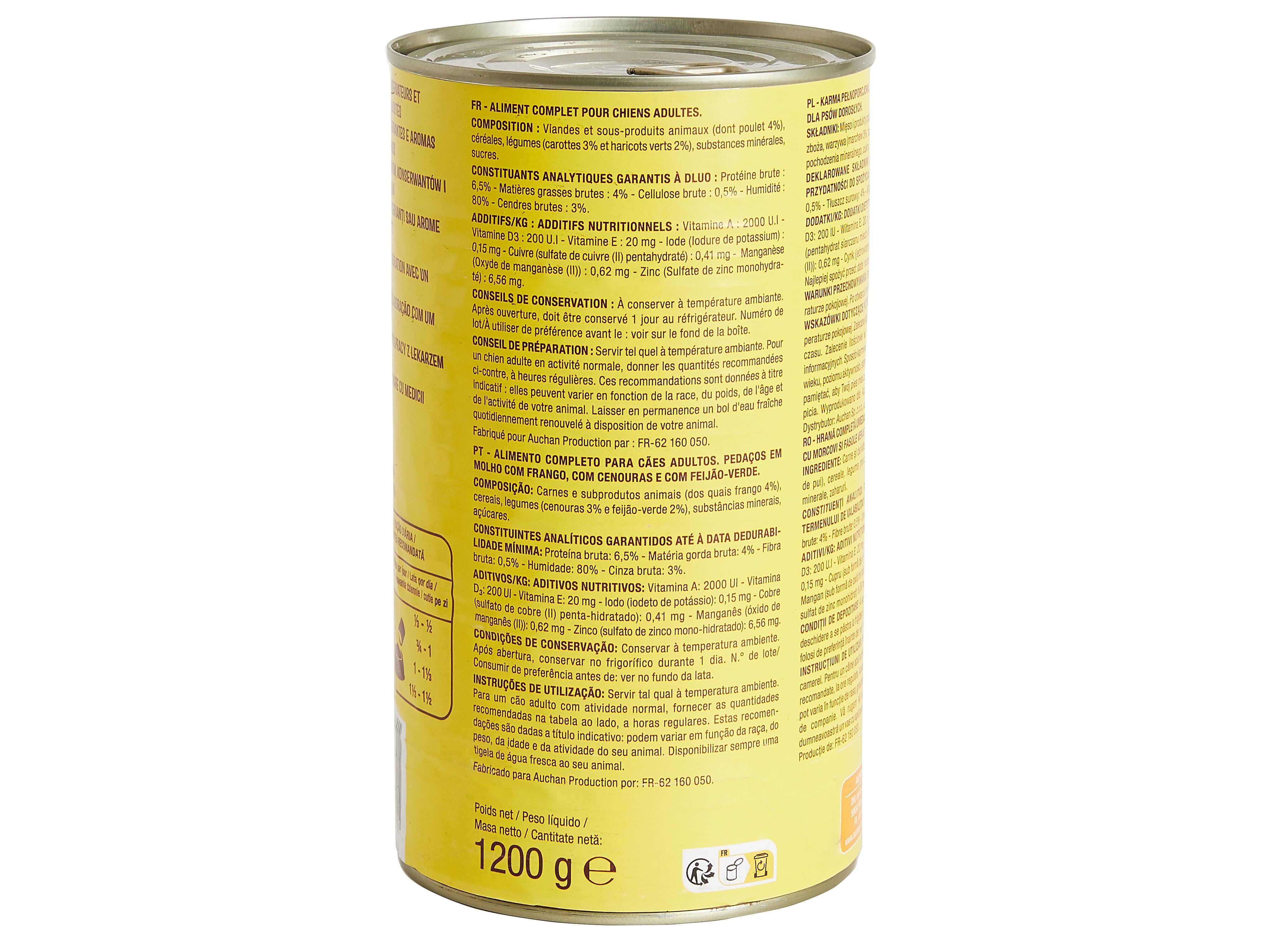 COMIDA H&Uacute;MIDA PARA C&Atilde;O AUCHAN PEDA&Ccedil;OS EM MOLHO COM FRANGO COM CENOURA E COM FEIJ&Atilde;O-VERDE 1200G image number 1