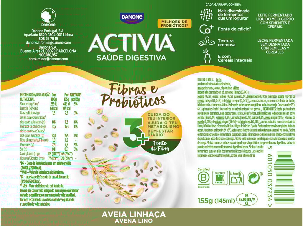 BIFIDUS DANONE ACTIVIA L&Iacute;QUIDO AVEIA LINHA&Ccedil;A 4X155G image number 1