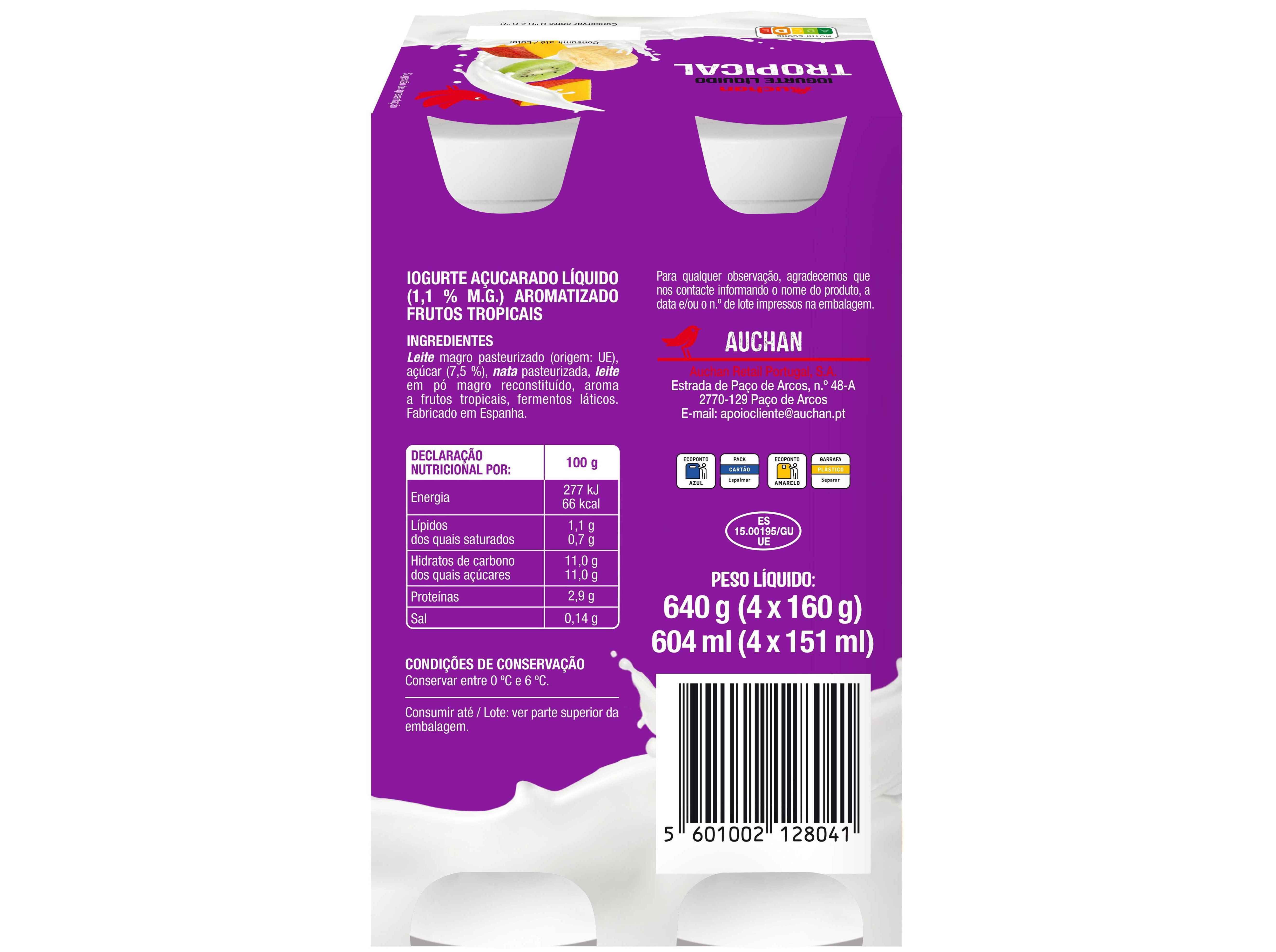 IOGURTE L&Iacute;QUIDO AUCHAN TROPICAL 4X160G image number 1