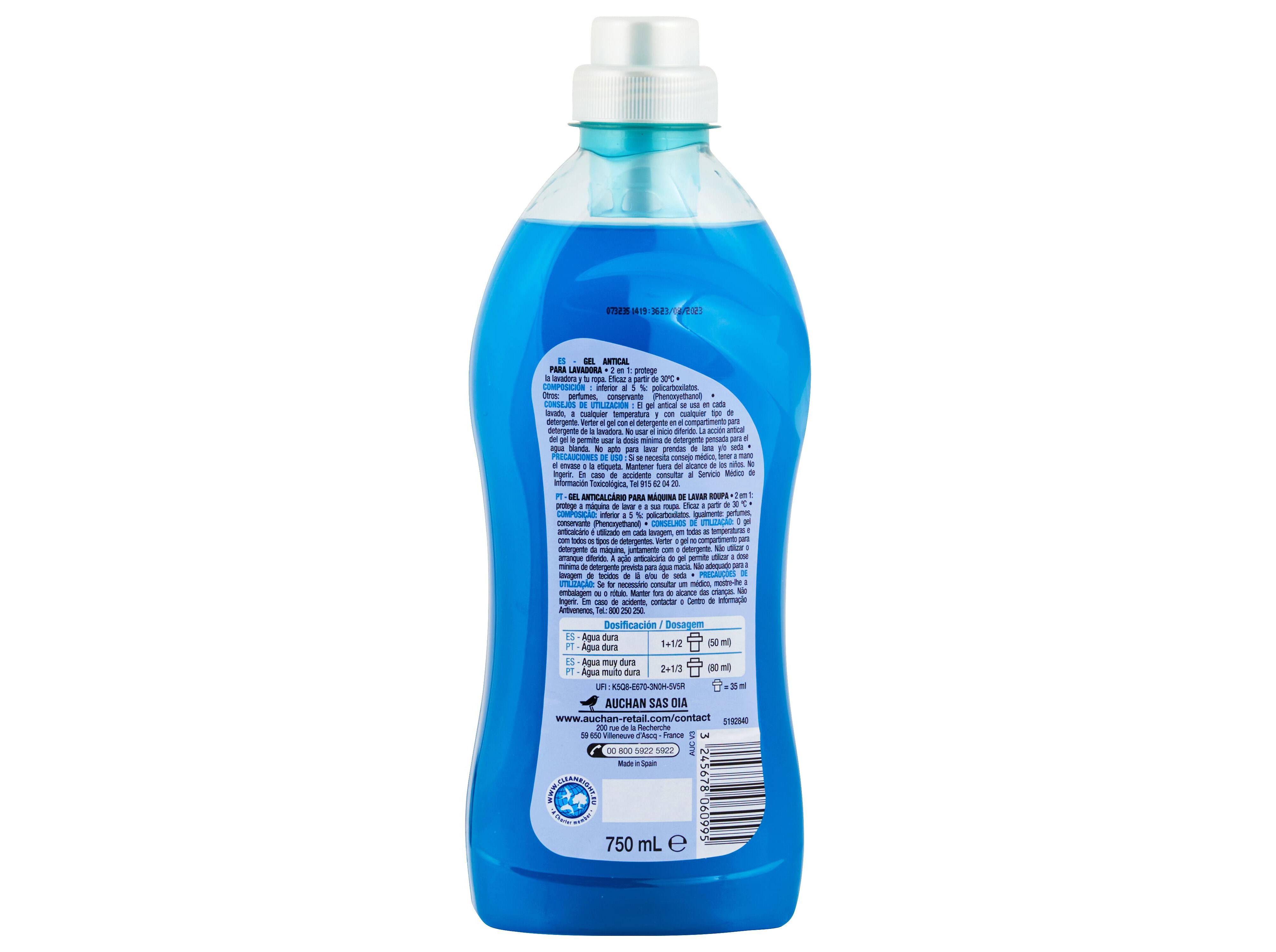 GEL ANTICALC&Aacute;RIO AUCHAN PARA M&Aacute;QUINA DE LAVAR ROUPA 750ML image number 2