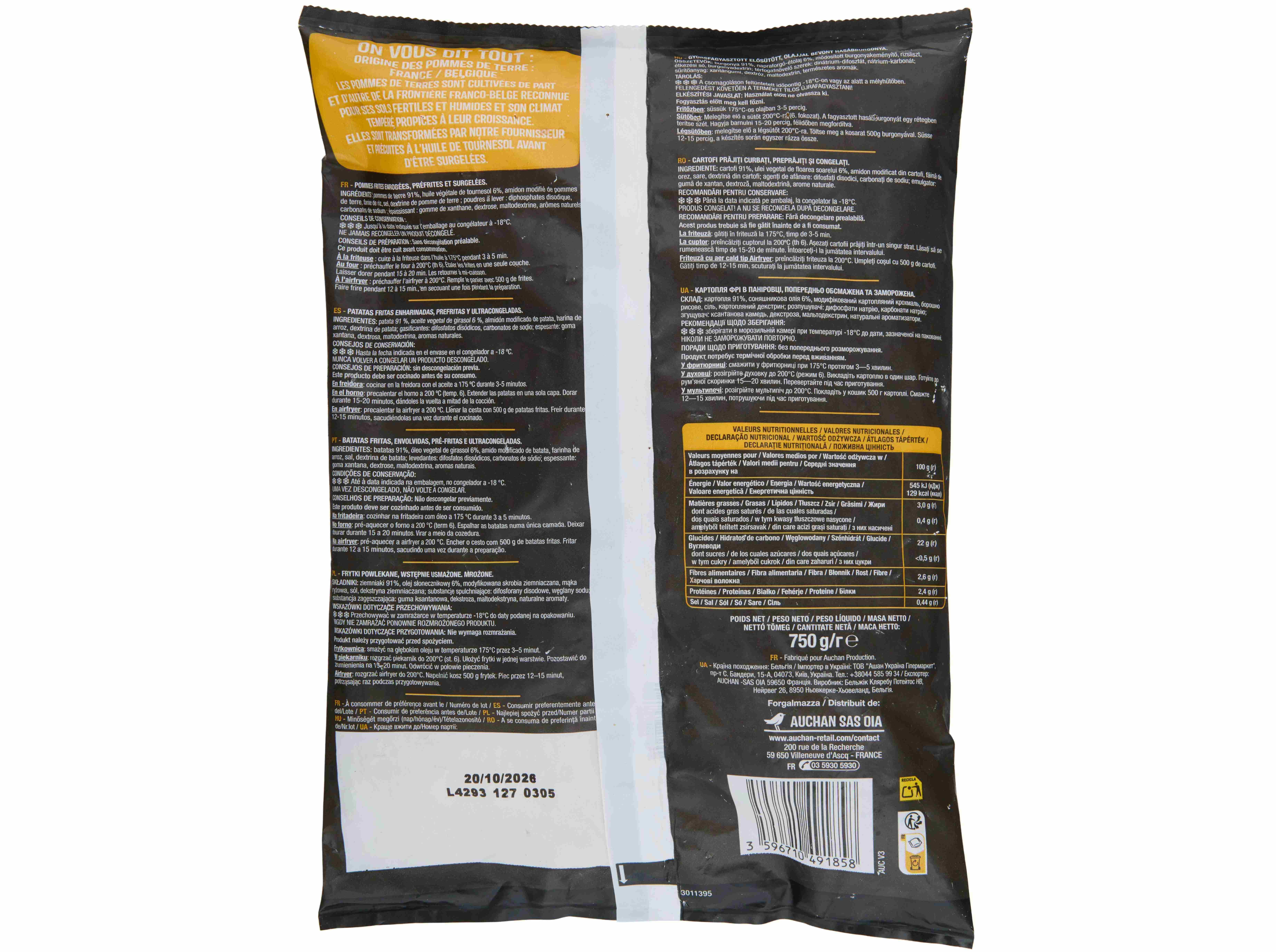 BATATAS PR&Eacute;-FRITAS AUCHAN CURV' P/FORNO E AIRFRYER 750G image number 1