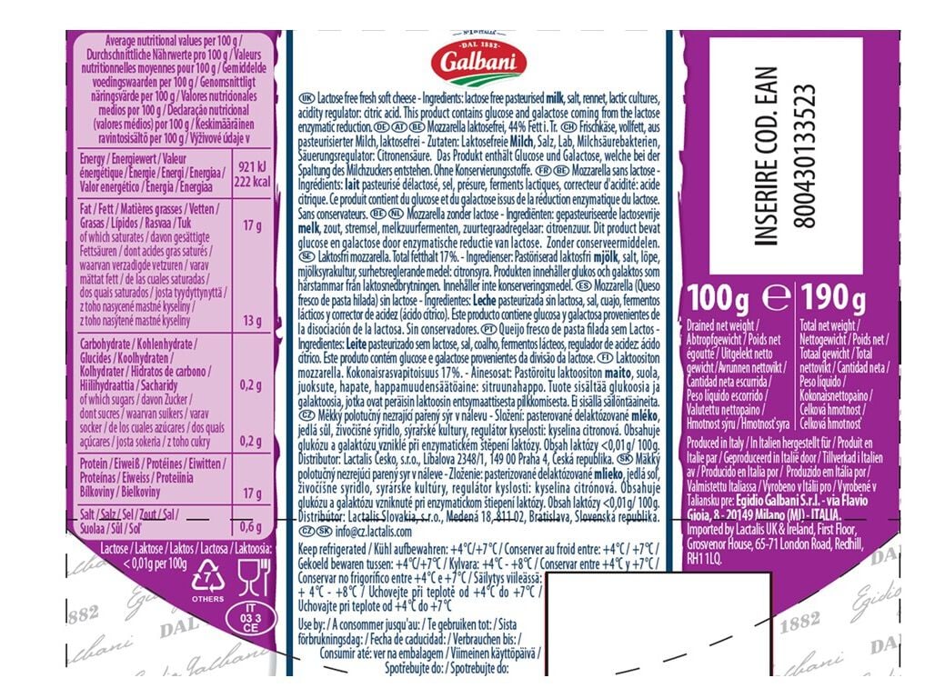 QUEIJO MOZZARELLA GALBANI SEM LACTOSE 100G image number 1