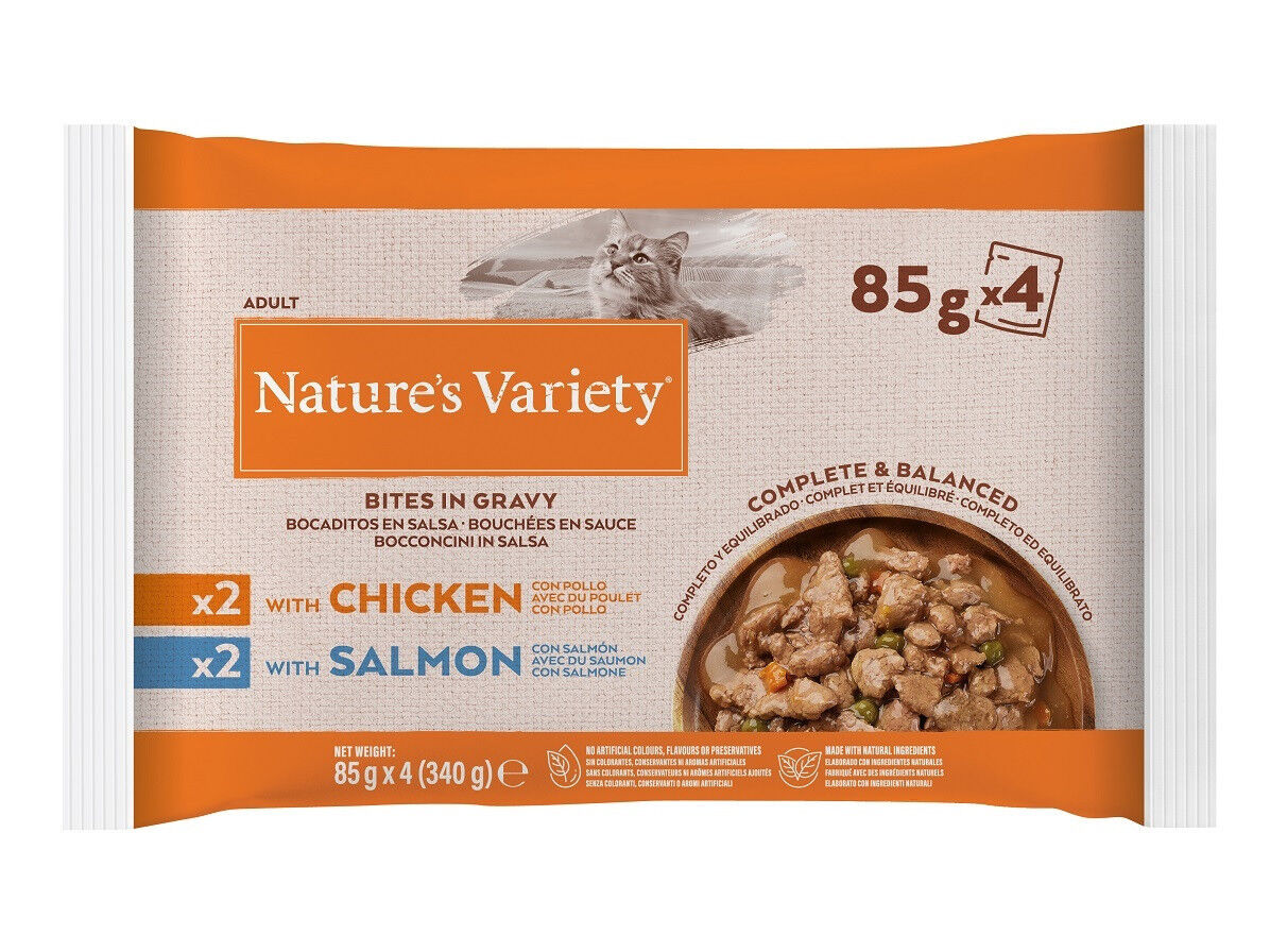 COMIDA H&Uacute;MIDA NATURE'S VARIETY GATO FRANGO/SALM&Atilde;O 4X85G image number 1