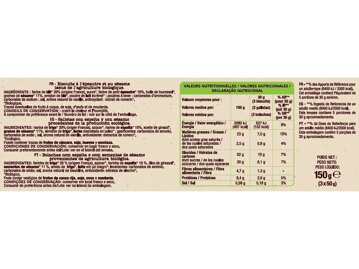 BOLACHA AUCHAN BIO COM ESPELTA E SESAMO 150G image number 1