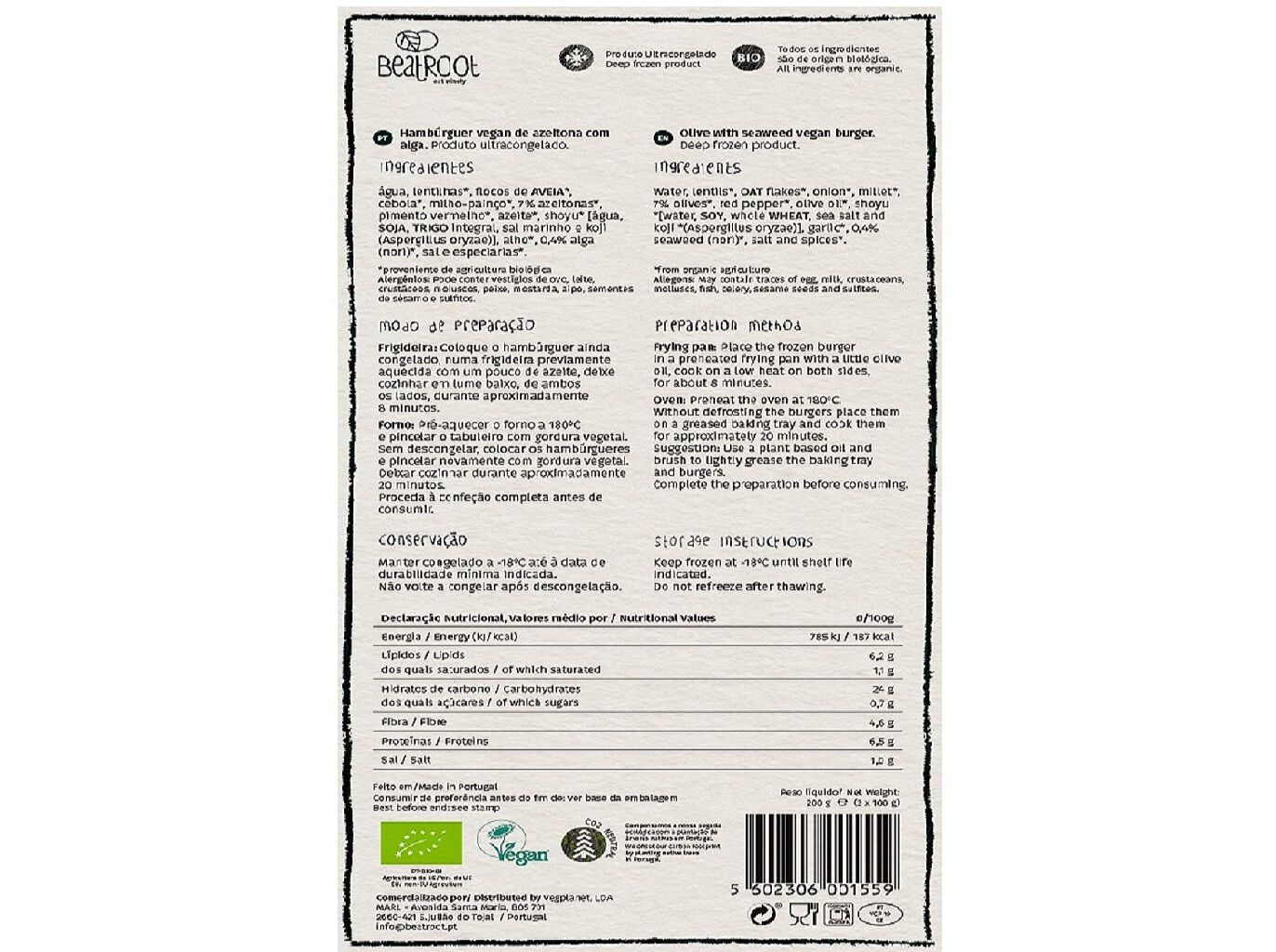 HAMB&Uacute;RGUER LENTILHAS BEATROOT AZEITONAS E ALGAS BIO 200 G image number 1