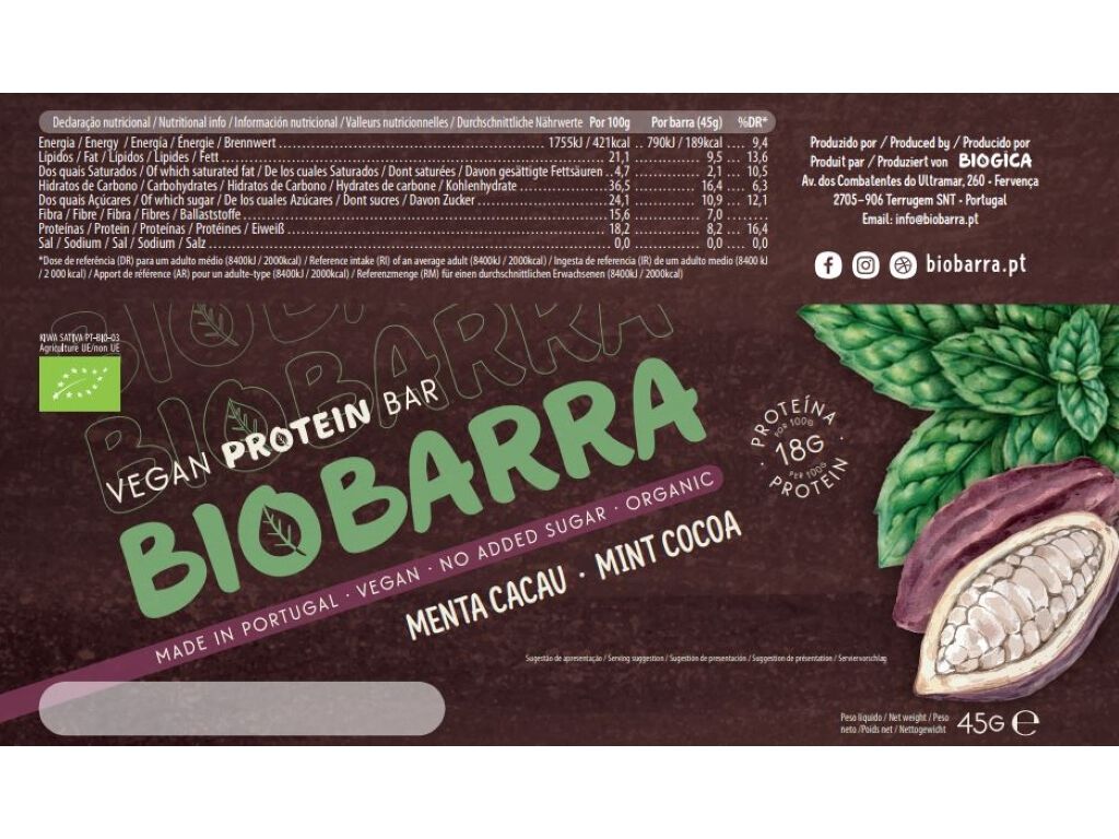 BARRA PROTEICA (L) BIOBARRA MENTA CACAU BIO 45G S/GL&Uacute;TEN image number 1