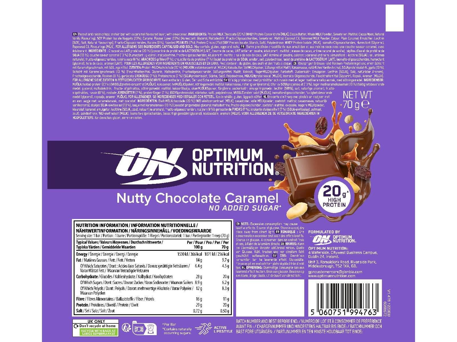 BARRA NUTTY OPTIM NUT CHOCOLATE CARAMELO 70G image number 1