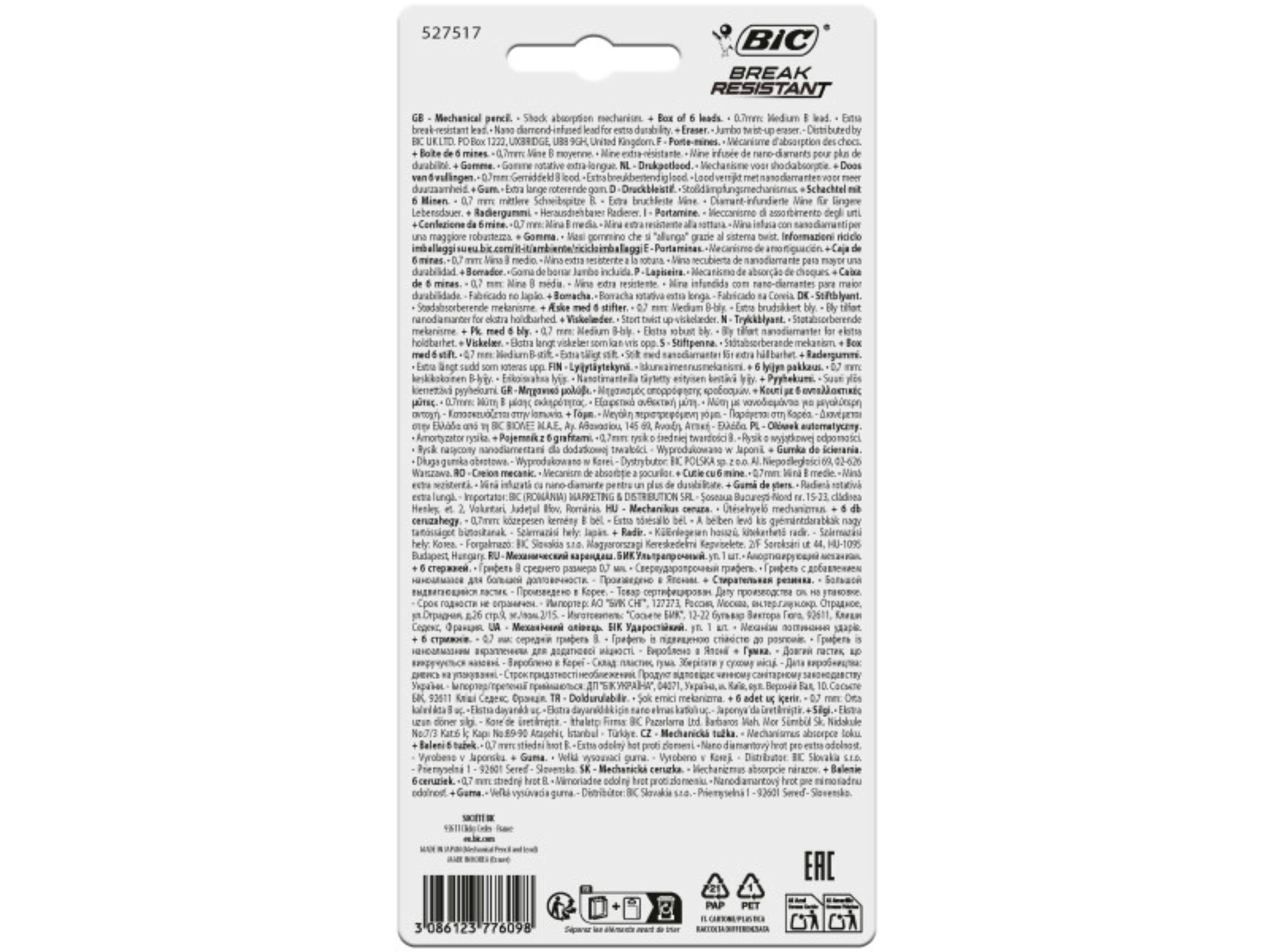 LAPISEIRA BIC BREAK RESISTANT COM 6 MINAS E 1 BORRACHA image number 1