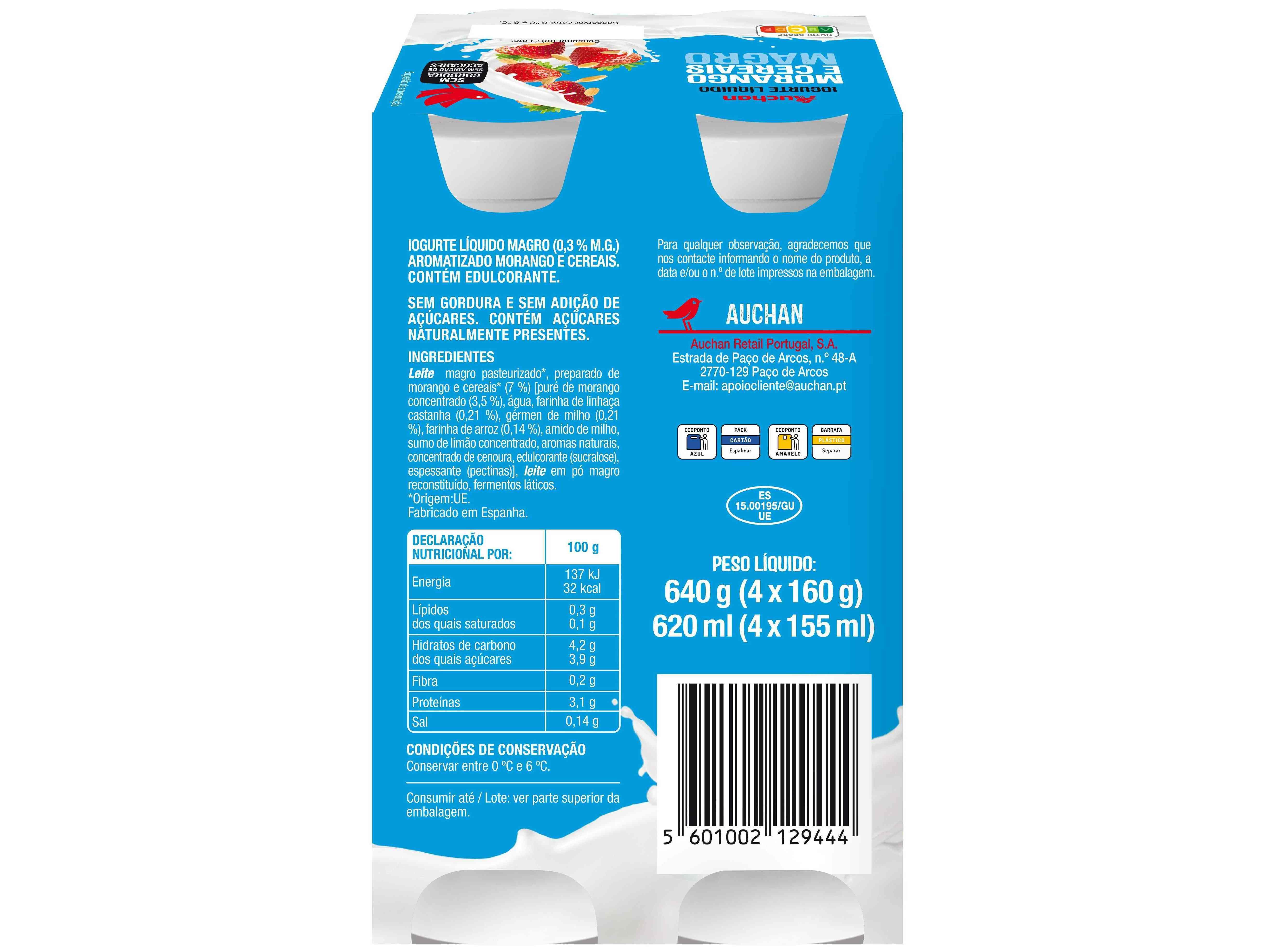 IOGURTE L&Iacute;QUIDO MAGRO AUCHAN MORANGO E CEREAIS 4X160G image number 1