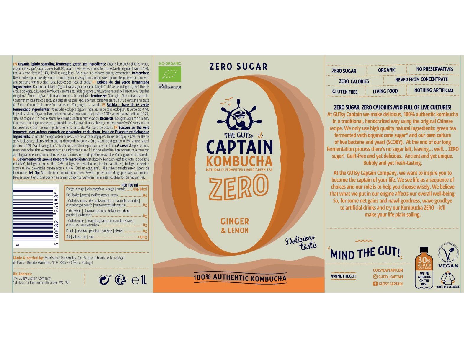 KOMBUCHA THE GUTSY CAPTAIN GENGIBRE LIM&Atilde;O 0%A&Ccedil;&Uacute;CARES BIO 1L image number 1