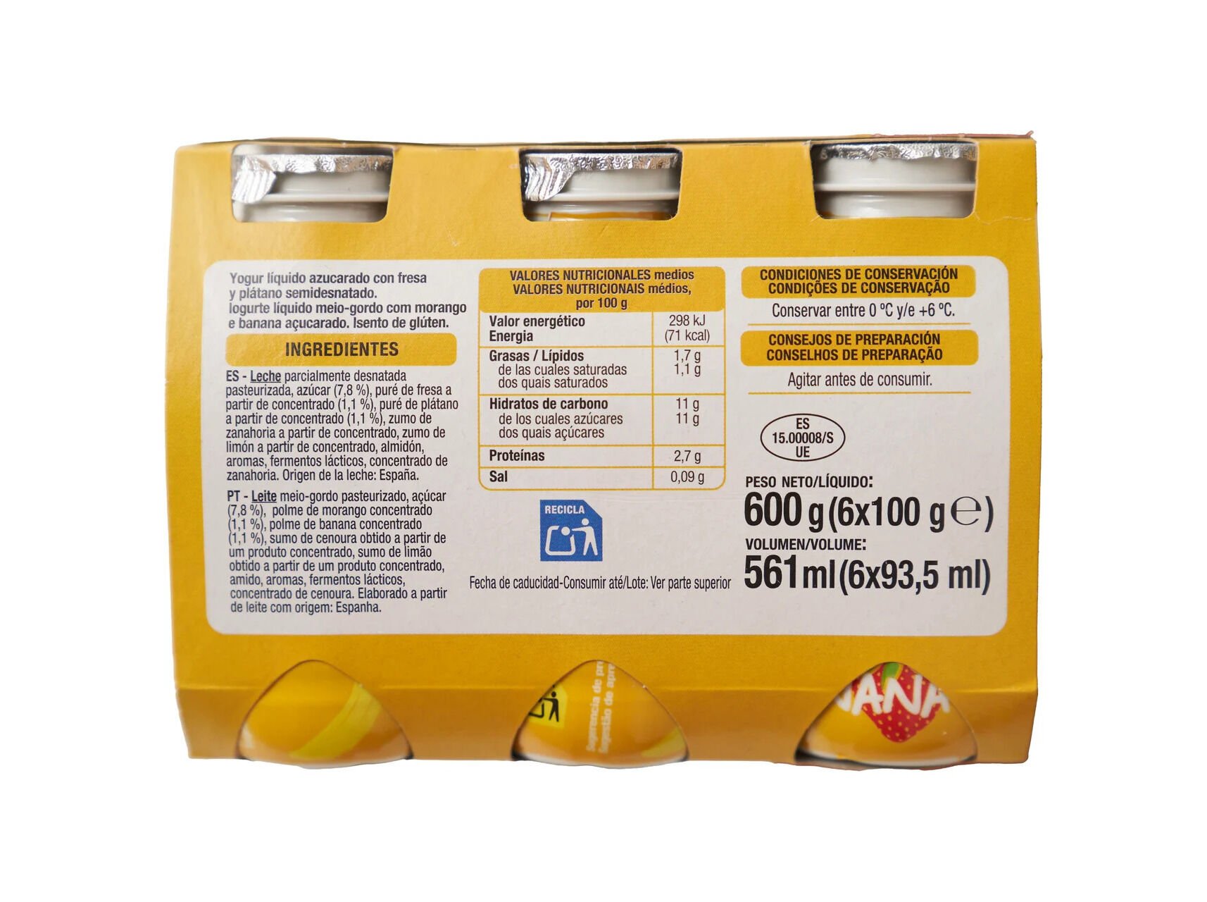 IOGURTE AUCHAN L&Iacute;QUIDO MORANGO E BANANA 6X100G image number 1