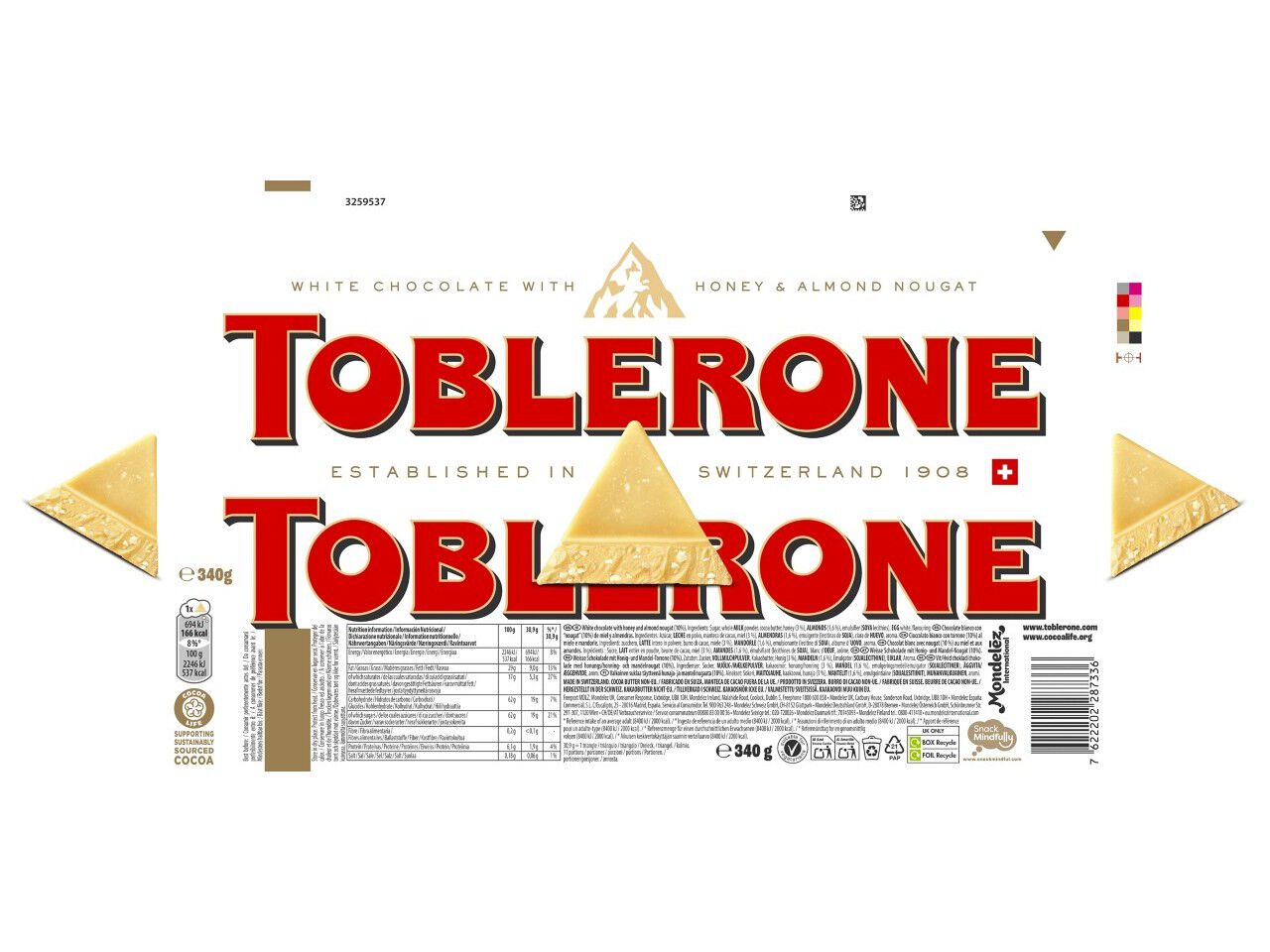 CHOCOLATE TOBLERONE BRANCO 340G image number 1