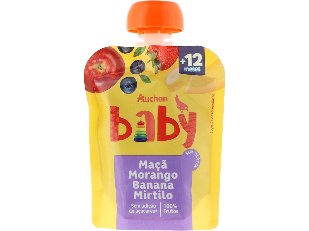 SAQUETA DE FRUTA AUCHAN BABY MA&Ccedil;&Atilde; MORANGO BANANA E MIRTILO 90G