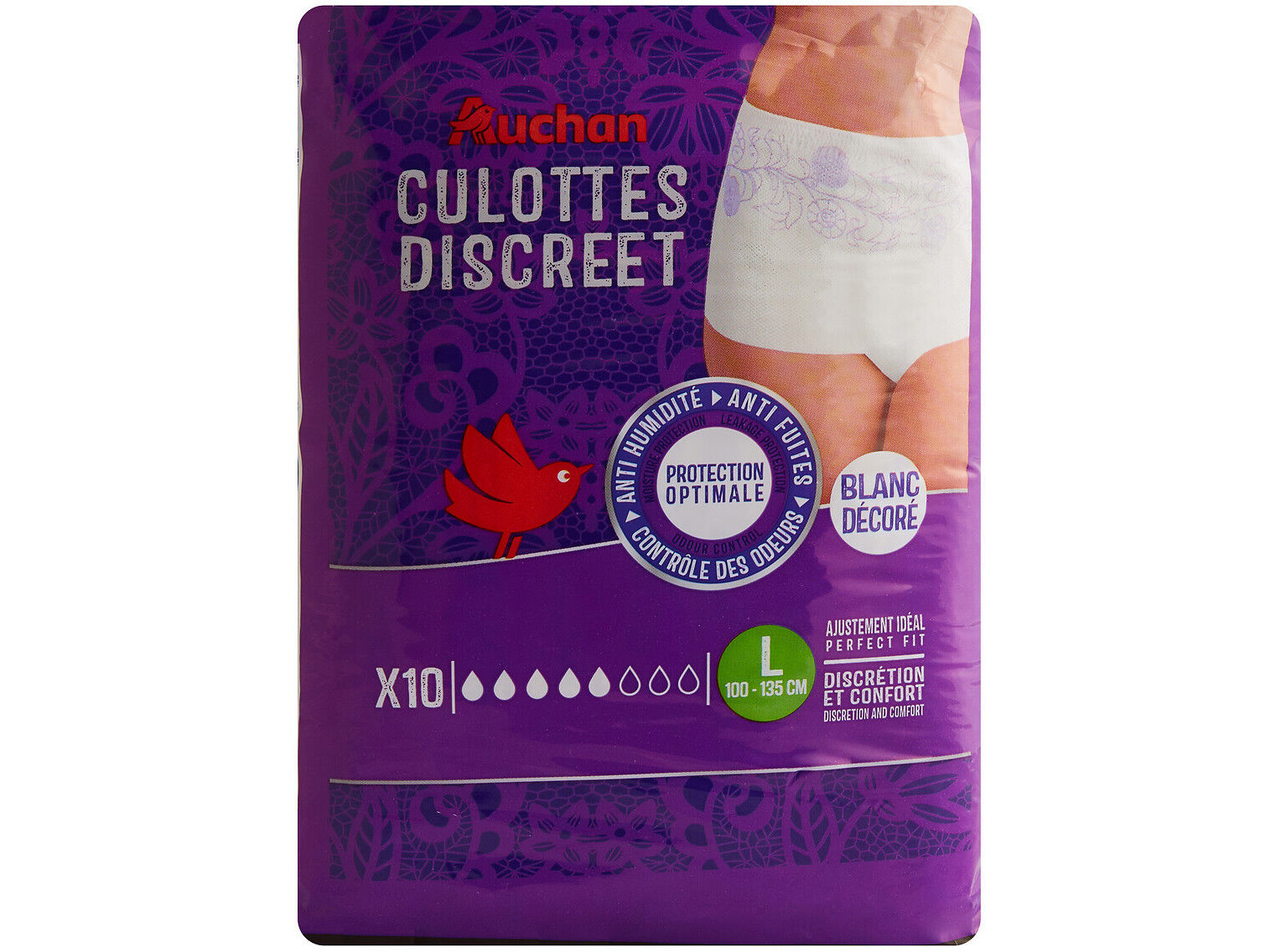 CUECAS DE INCONTIN&Ecirc;NCIA AUCHAN DISCREET TAMANHO L BRANCO 10UN image number 0