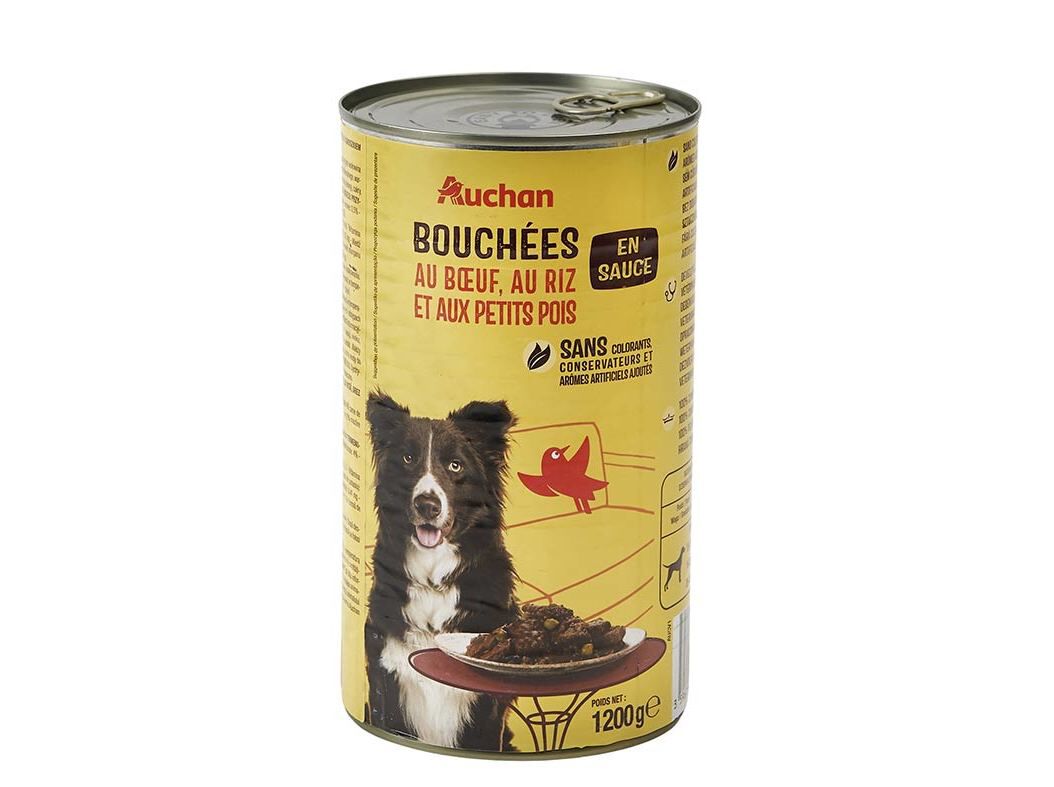 COMIDA H&Uacute;MIDA PARA C&Atilde;O AUCHAN PEDA&Ccedil;OS EM MOLHO COM VACA COM ARROZ E COM ERVILHAS 1200G image number 0