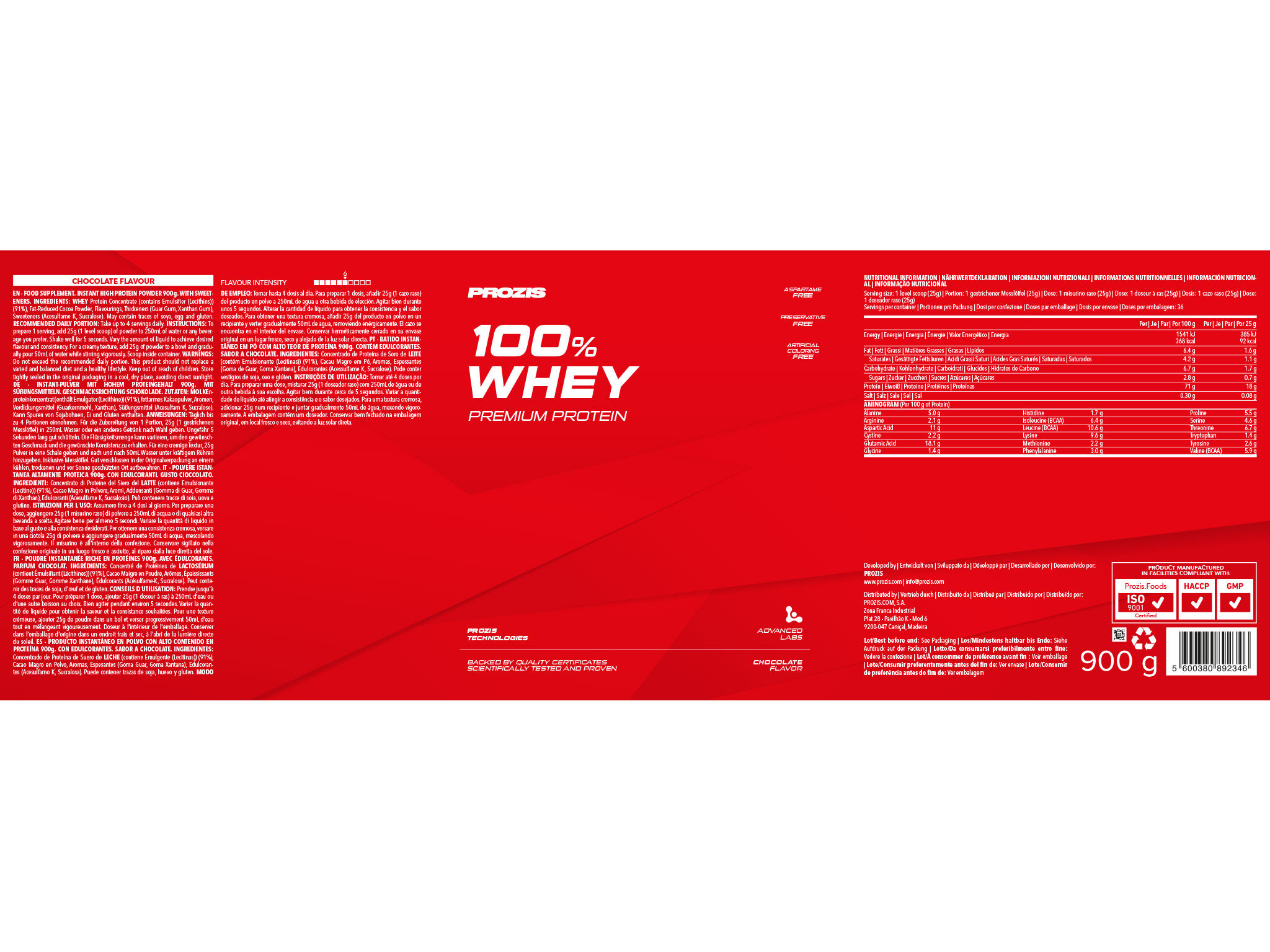 PROTE&Iacute;NA PROZIS 100% WHEY CHOCOLATE 900G image number 1