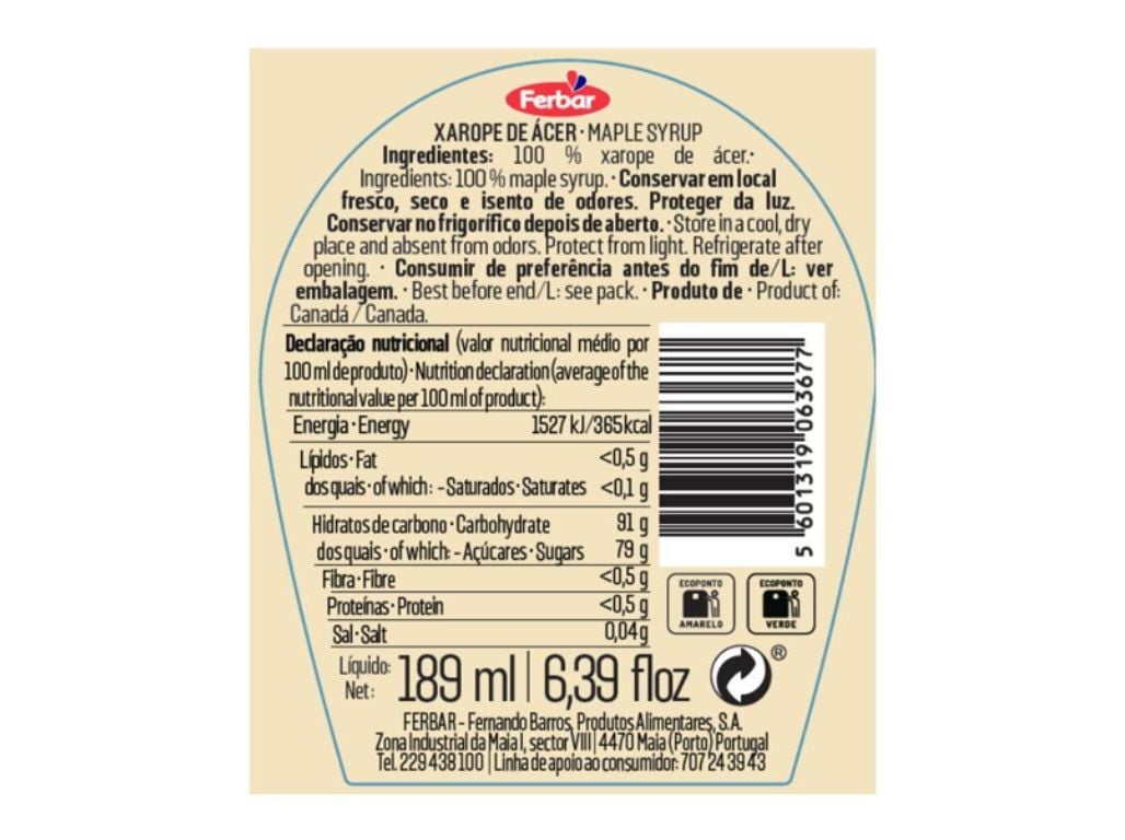 XAROPE FERBAR &Aacute;CER MAPLE SYRUP 189 ML image number 1
