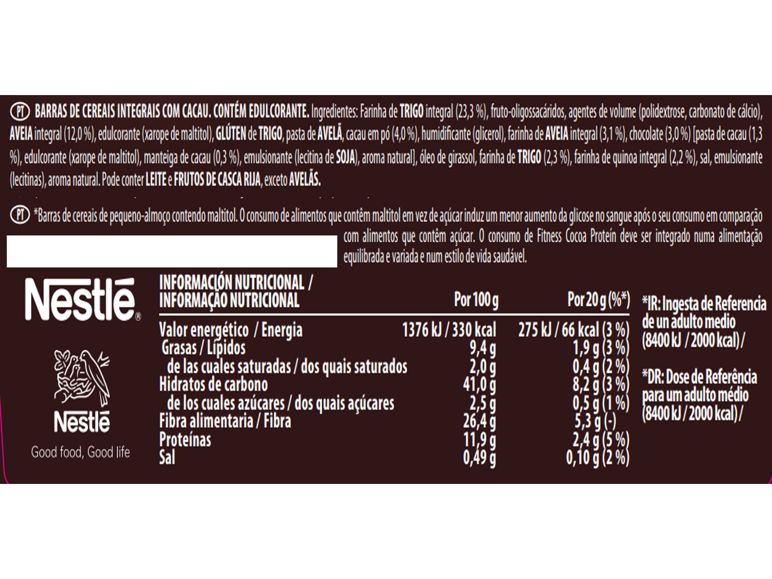 BARRAS CEREAIS FITNESS 0% A&Ccedil;U. ADIC. CACAU PRT 4X20G image number 1