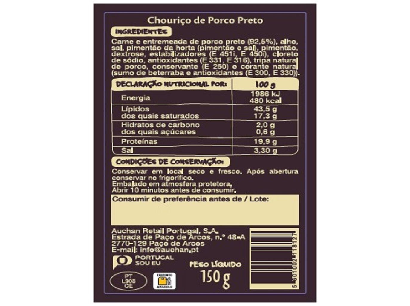 CHOURI&Ccedil;O DE PORCO PRETO AUCHAN &Agrave; MESA EM PORTUGAL CULTIVAMOS O BOM ALENTEJO 150G image number 1