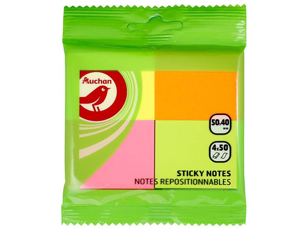 CONJUNTO DE 4 BLOCOS DE NOTAS AUCHAN ADERENTES COM 50 FOLHAS 50X40MM