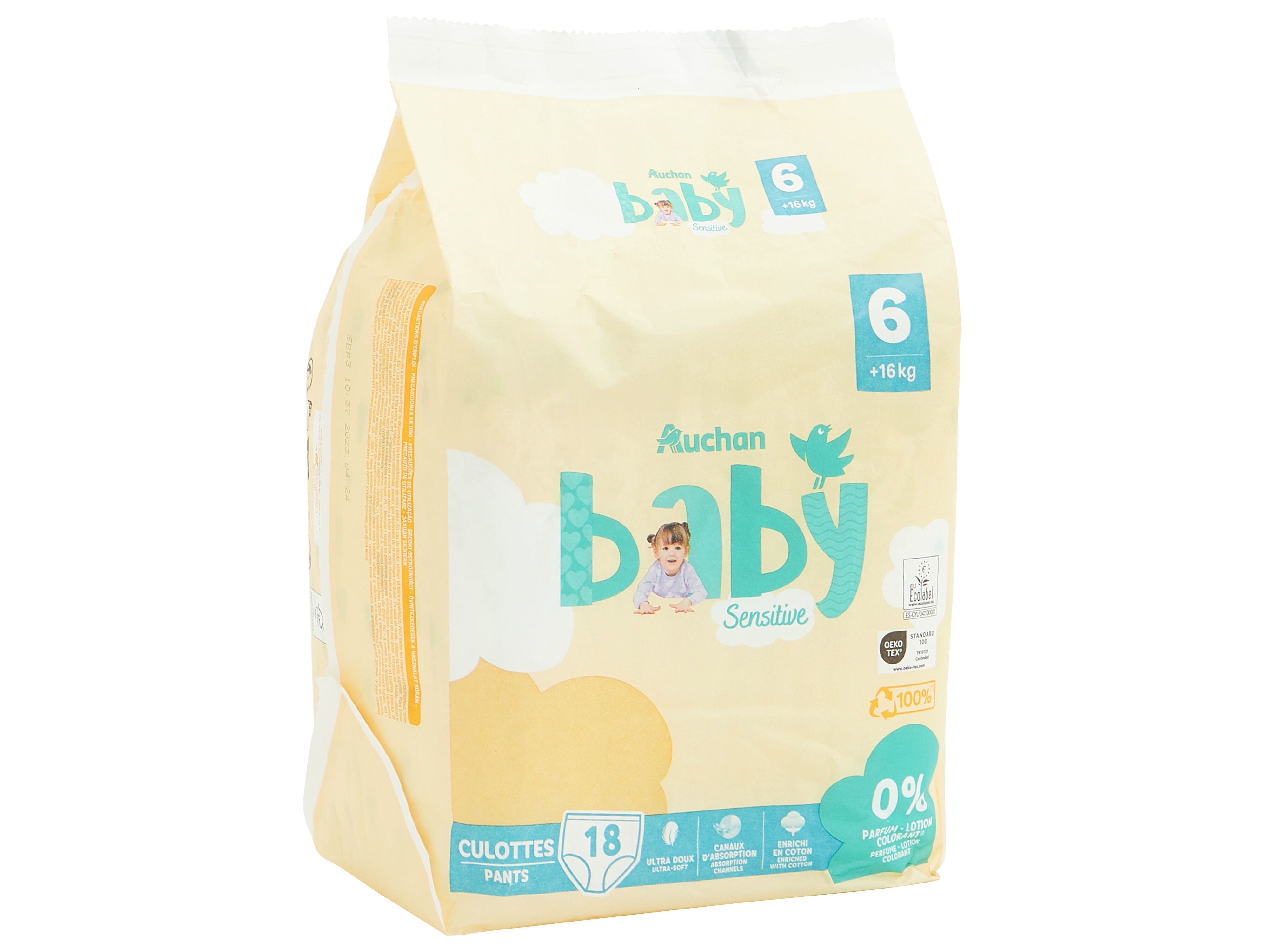 FRALDAS CUECA AUCHAN BABY SENSITIVE ECOL&Oacute;GICAS TAMANHO 6 +16KG 18UN image number 2