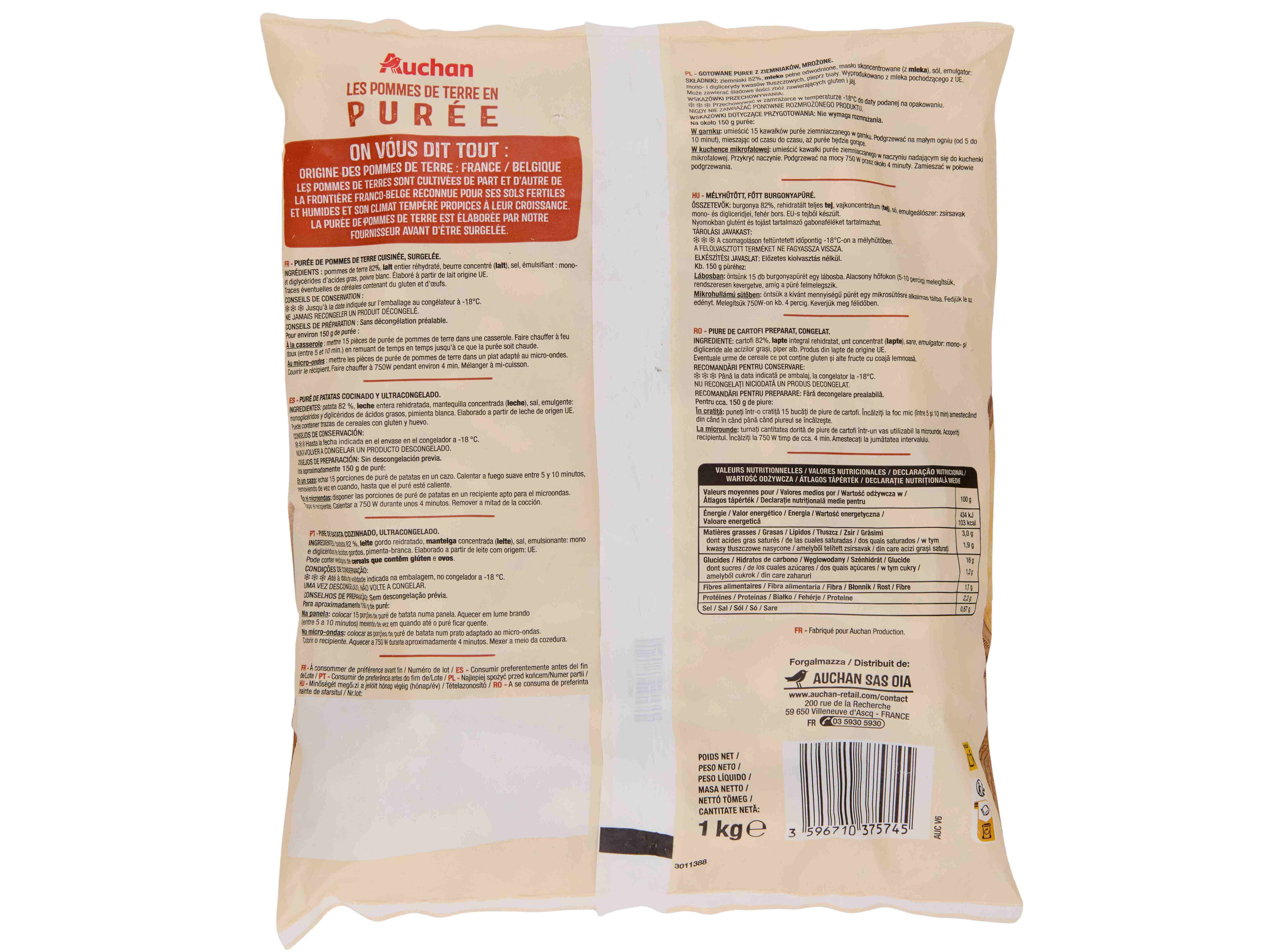 PUR&Eacute; DE BATATA AUCHAN COZINHADO 1KG image number 1