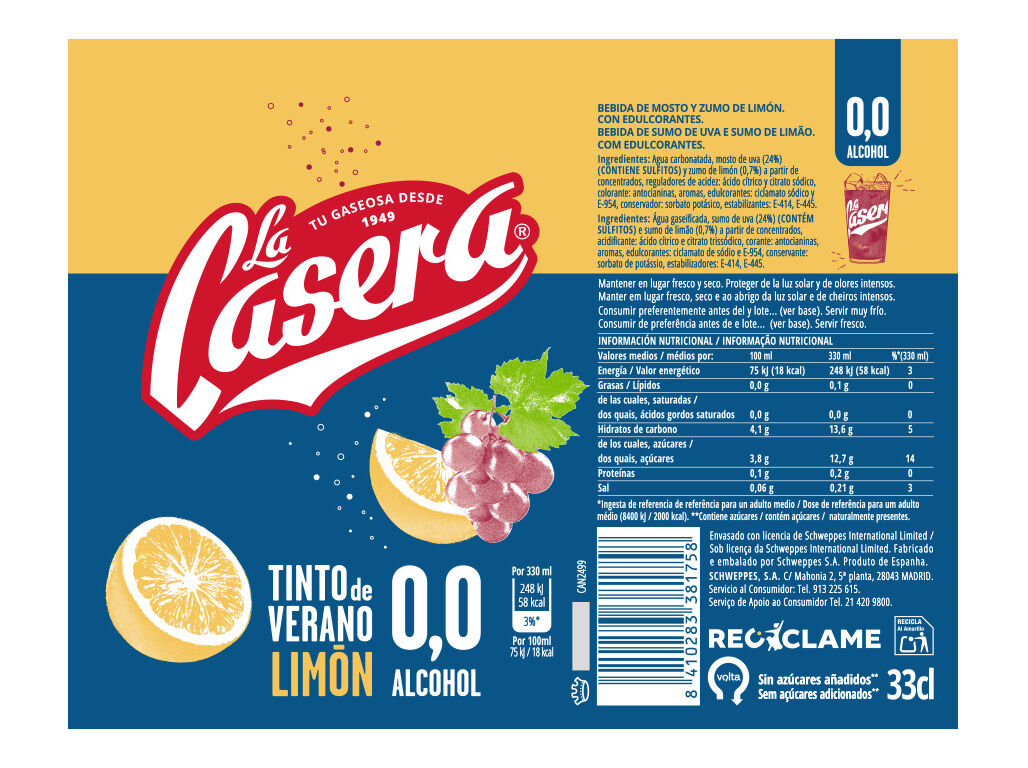 BEBIDA SEM ALCOOL LA CASERA TINTO VER LIM&Atilde; 0% 0.33L (SDR) image number 1