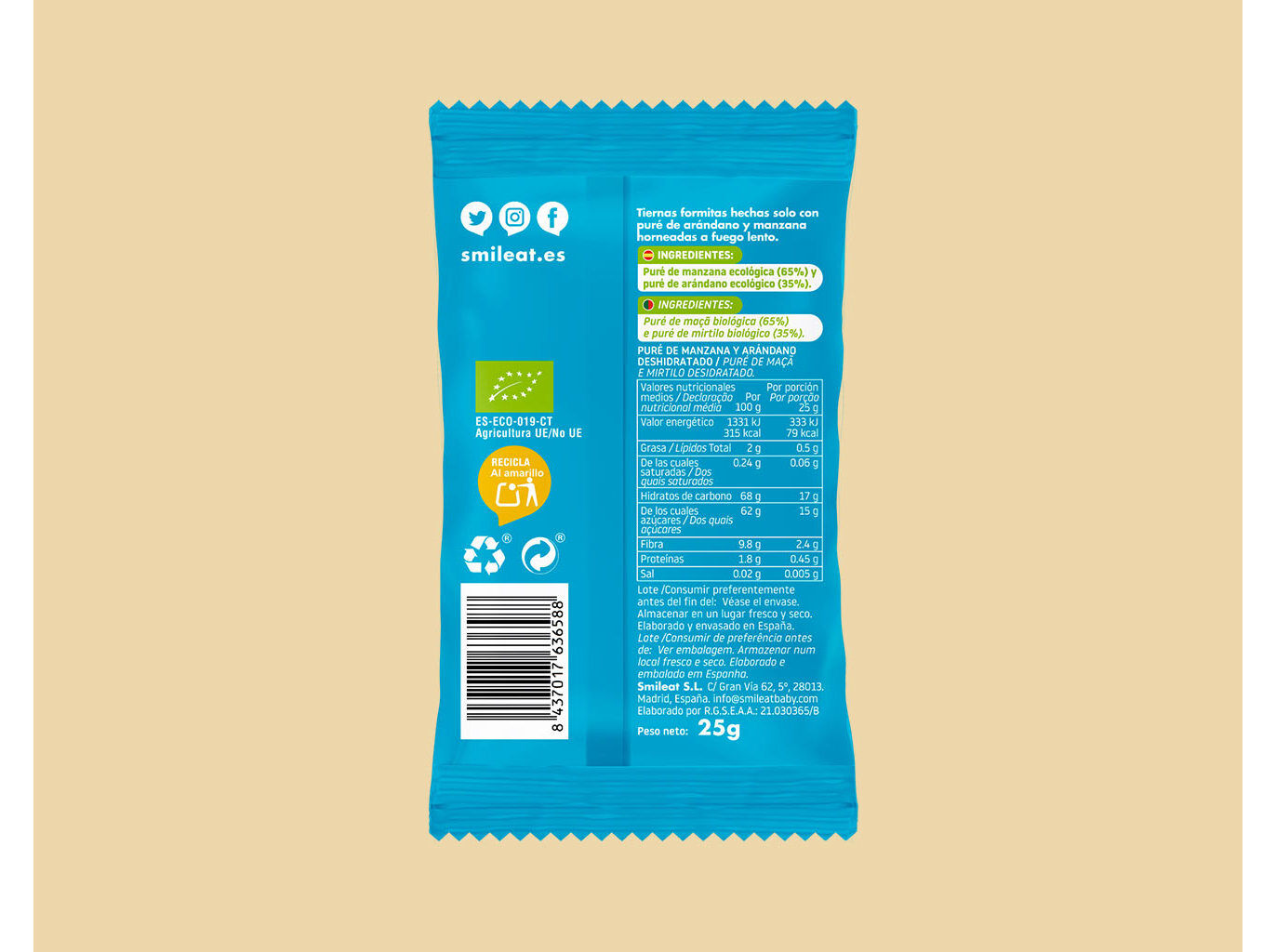 SNACK FRUTA SMILEAT MA&Ccedil;&Atilde; E MIRTILOS BIO 25G image number 1