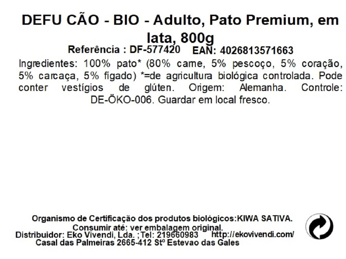 COMIDA H&Uacute;MIDA BIO C&Atilde;O DEFU PATO PREMIUM 800G image number 1