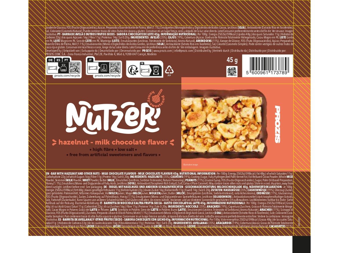 BARRA PROZIS NUTZER AVEL&Atilde; E CHOCOLATE 45 G image number 1