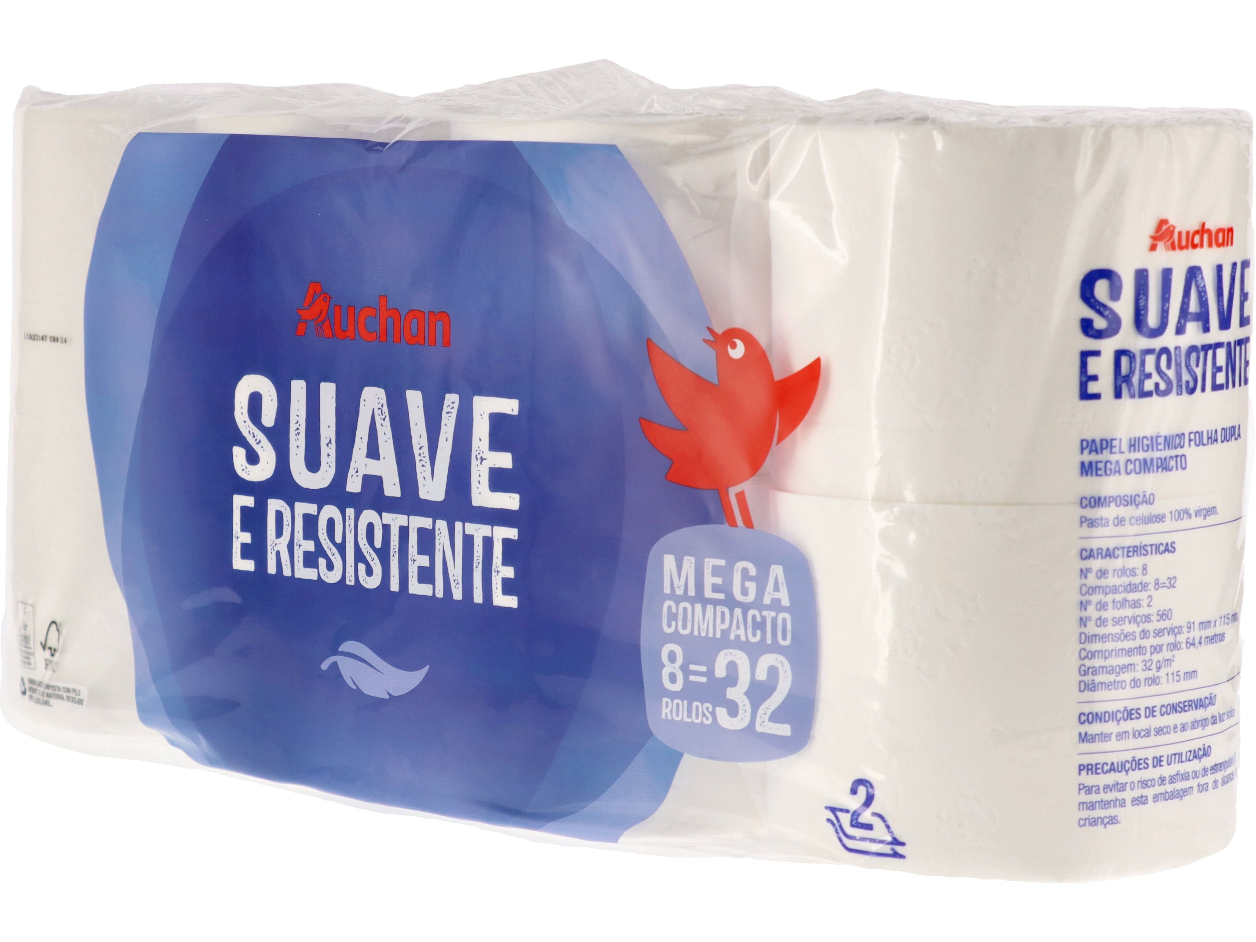 PAPEL HIGI&Eacute;NICO AUCHAN SUAVE E RESISTENTE FOLHA DUPLA MEGA COMPACTO 8 ROLOS = 32 ROLOS image number 1