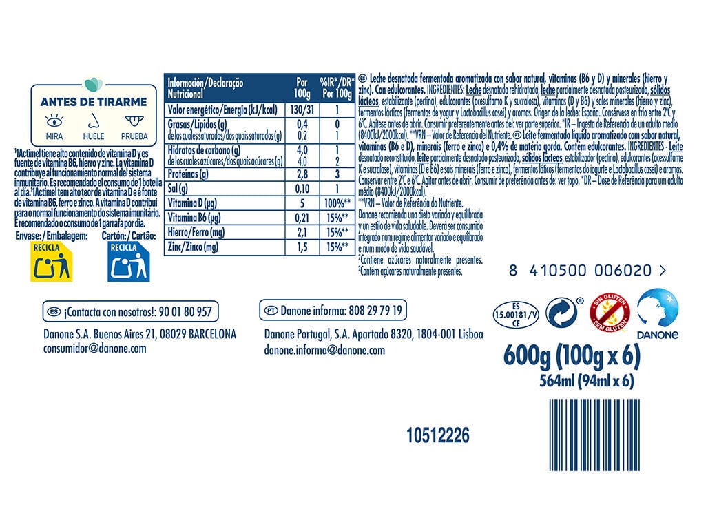 PROBI&Oacute;TICO ACTIMEL NATURAL 0% 6X100G image number 1