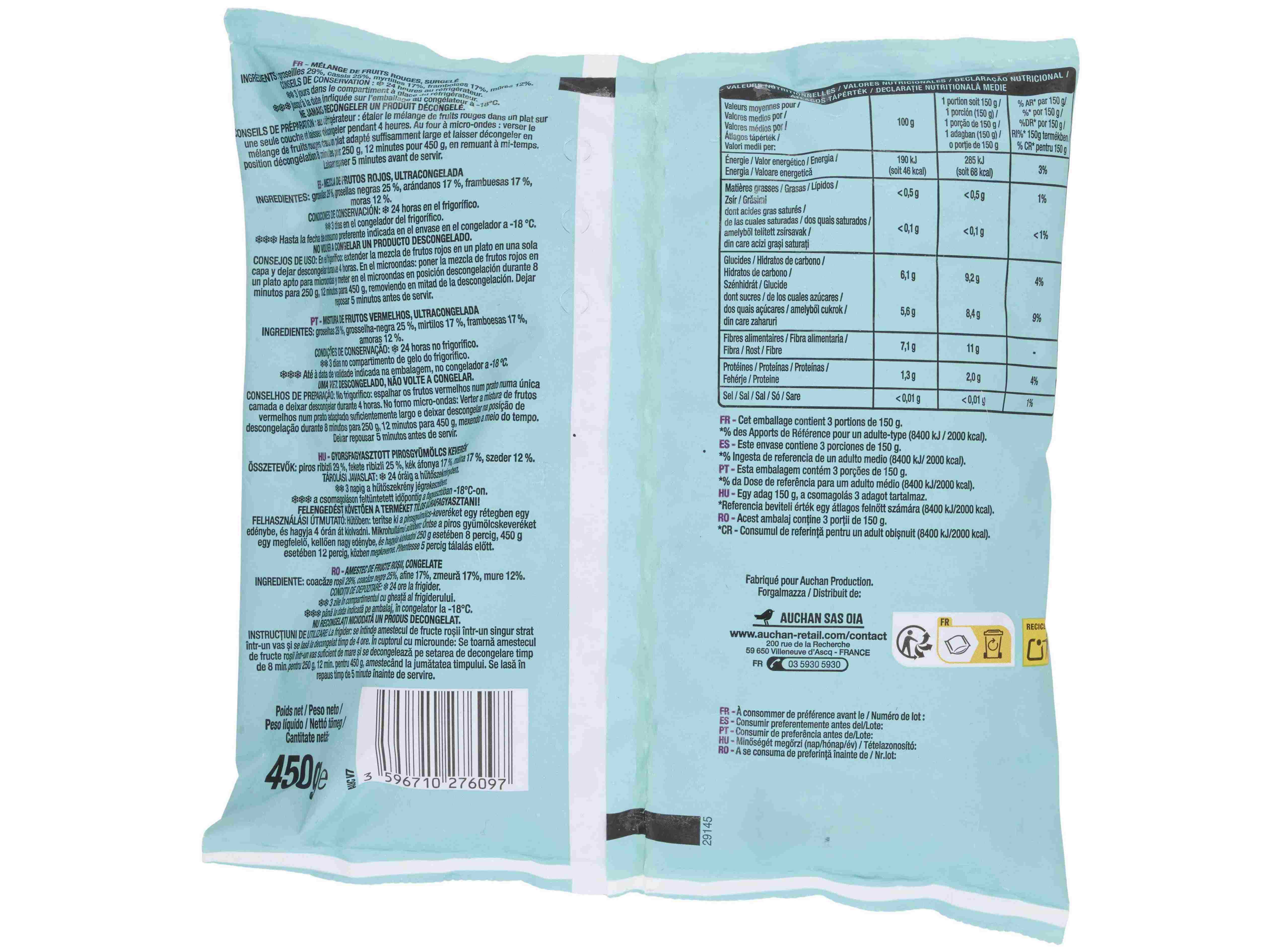 FRUTOS VERMELHOS AUCHAN INTEIROS ULTRACONGELADOS 450G image number 1