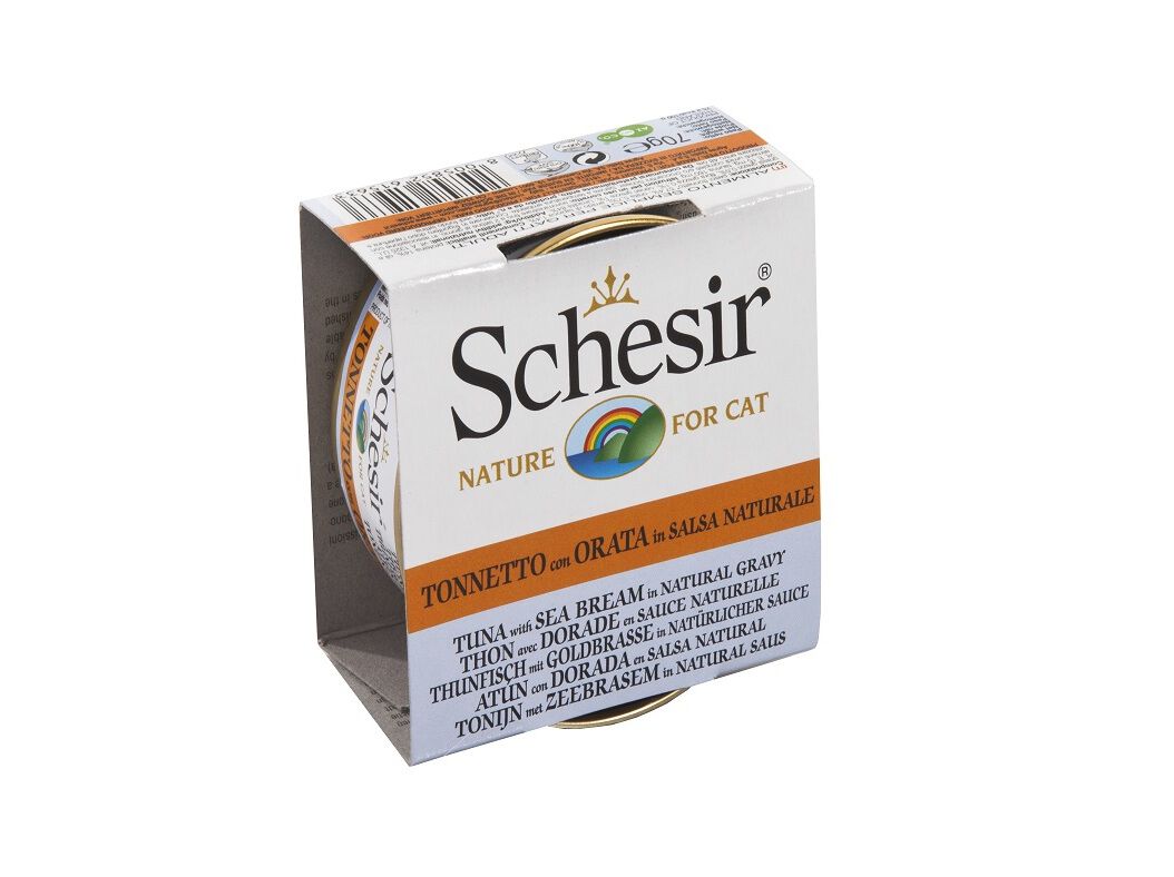 COMIDA H&Uacute;MIDA PARA GATO SCHESIR LATA COM ATUM E DOURADA 70G image number 0