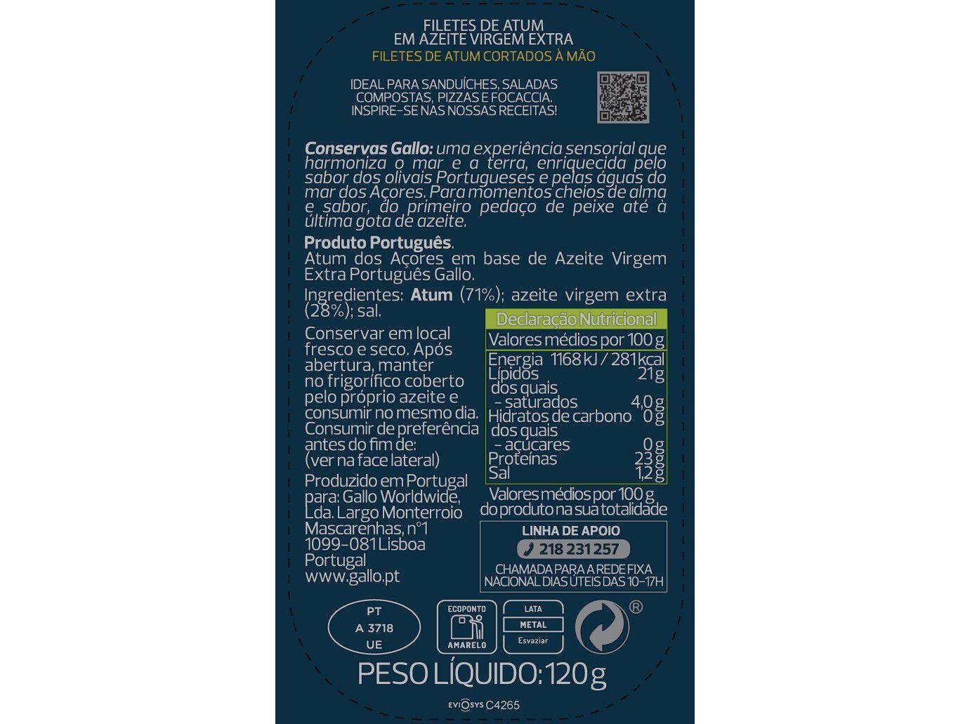 FILETE ATUM GALLO EM AZEITE VE 120(85)G image number 1