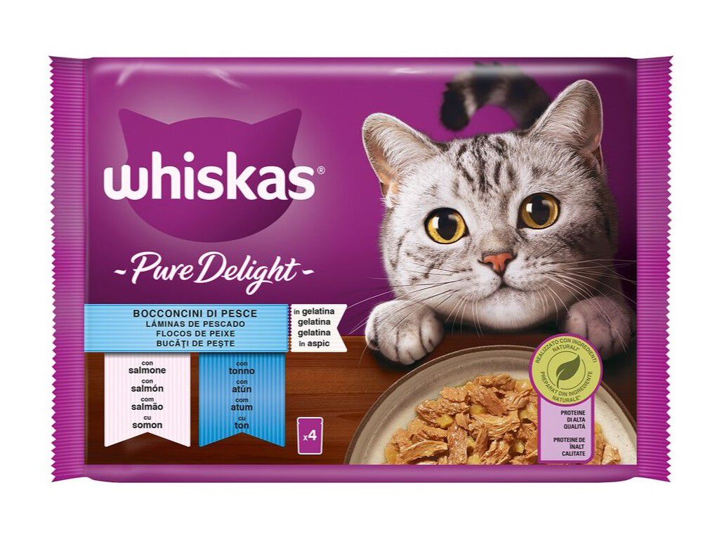 COMIDA H&Uacute;MIDA GATO WHISKAS PURE DELIGHT PEIXE 4X85G