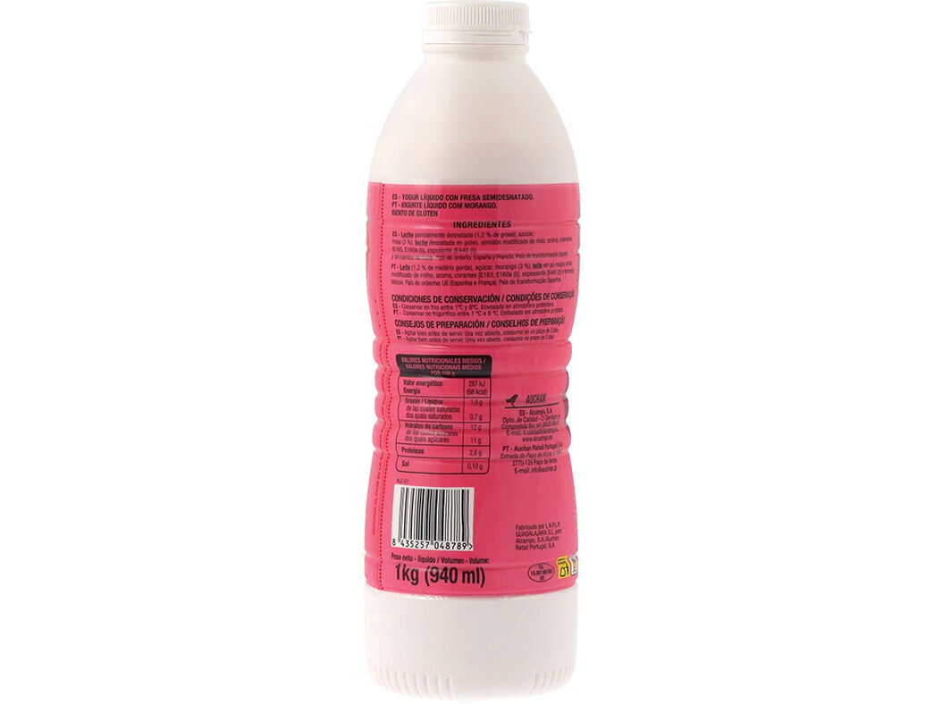 IOGURTE AUCHAN L&Iacute;QUIDO MORANGO SEM GL&Uacute;TEN 1KG image number 1
